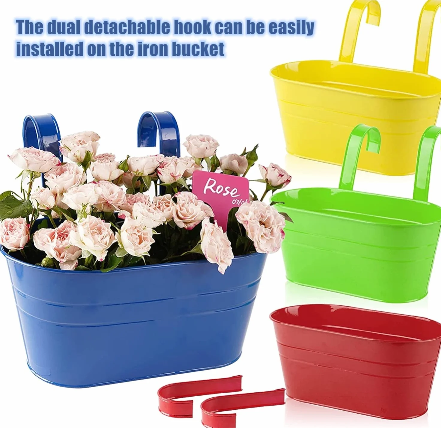 KAHEIGN 4 Pièces Métal Pots de Fleurs Suspendus, 27,5CM Grands Pots deFleurs Seau à Fleurs Suspendu avec Crochet Amovible pour Balcon Clôture Jardin Maison Décor (4 Couleurs)
