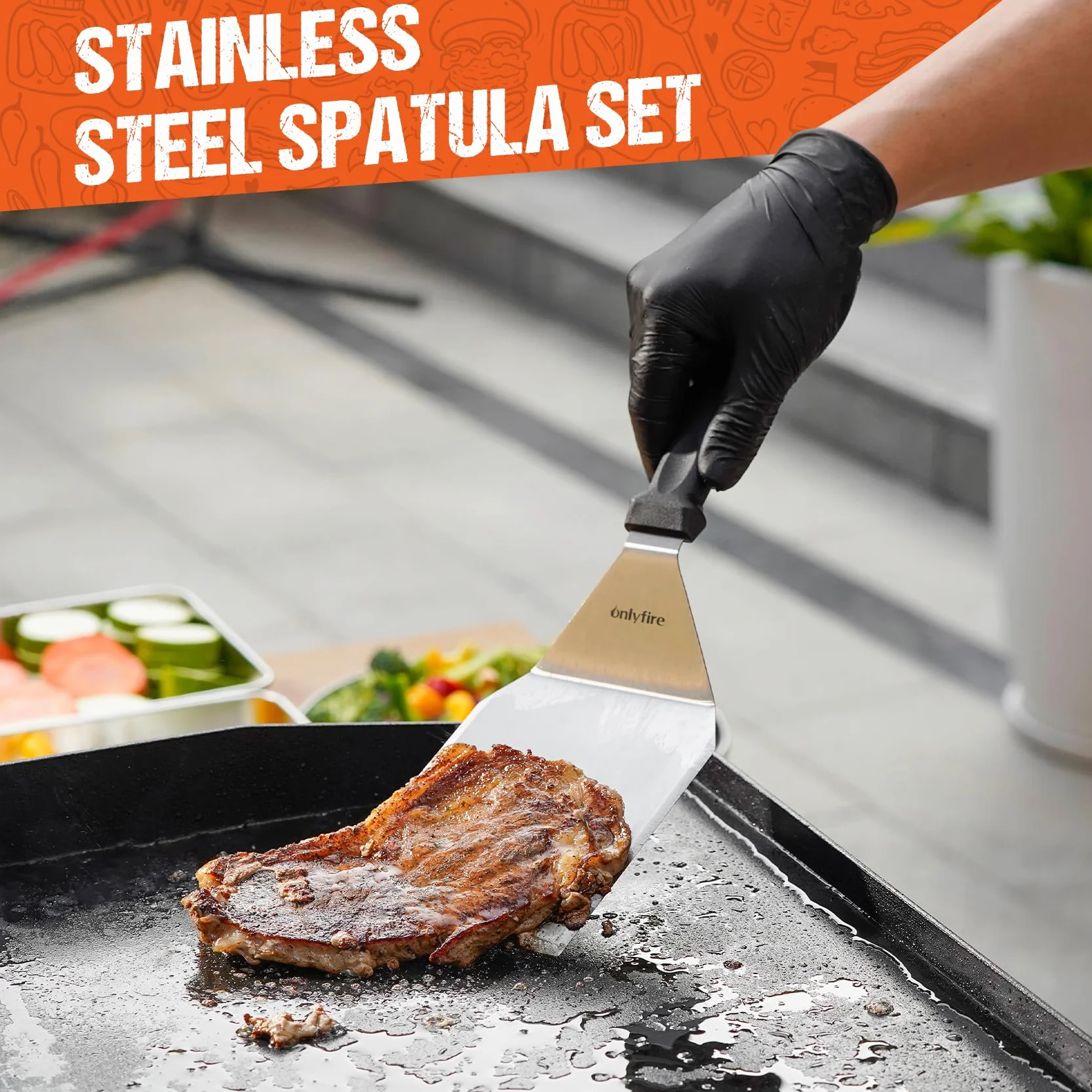 Onlyfire Ensemble de Spatules Acier Inoxydable, Kit Plancha Set Barbecue pour Teppanyaki, Plaque de Barbecue, Gril à Gaz, Accessoire Spatule BBQ Plancha, 3 Pièces