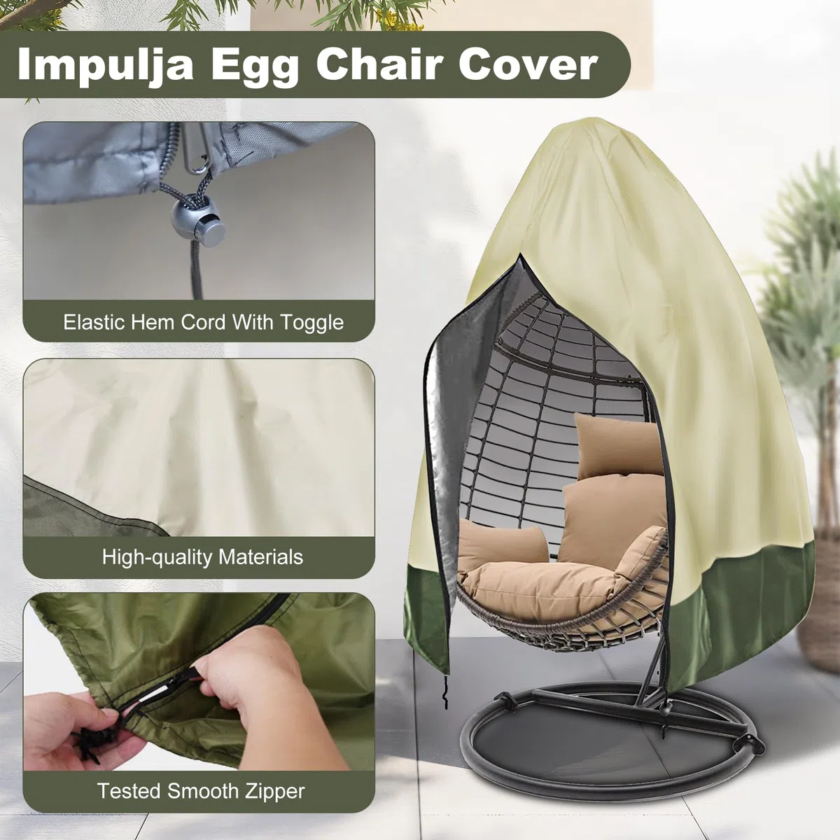 Housse de chaise en forme d'œuf avec fermeture éclair, résistante aux UV, résistante aux UV, housse de chaise en osier coupe-vent pour balancelle de terrasse, housse imperméable pour chaise à