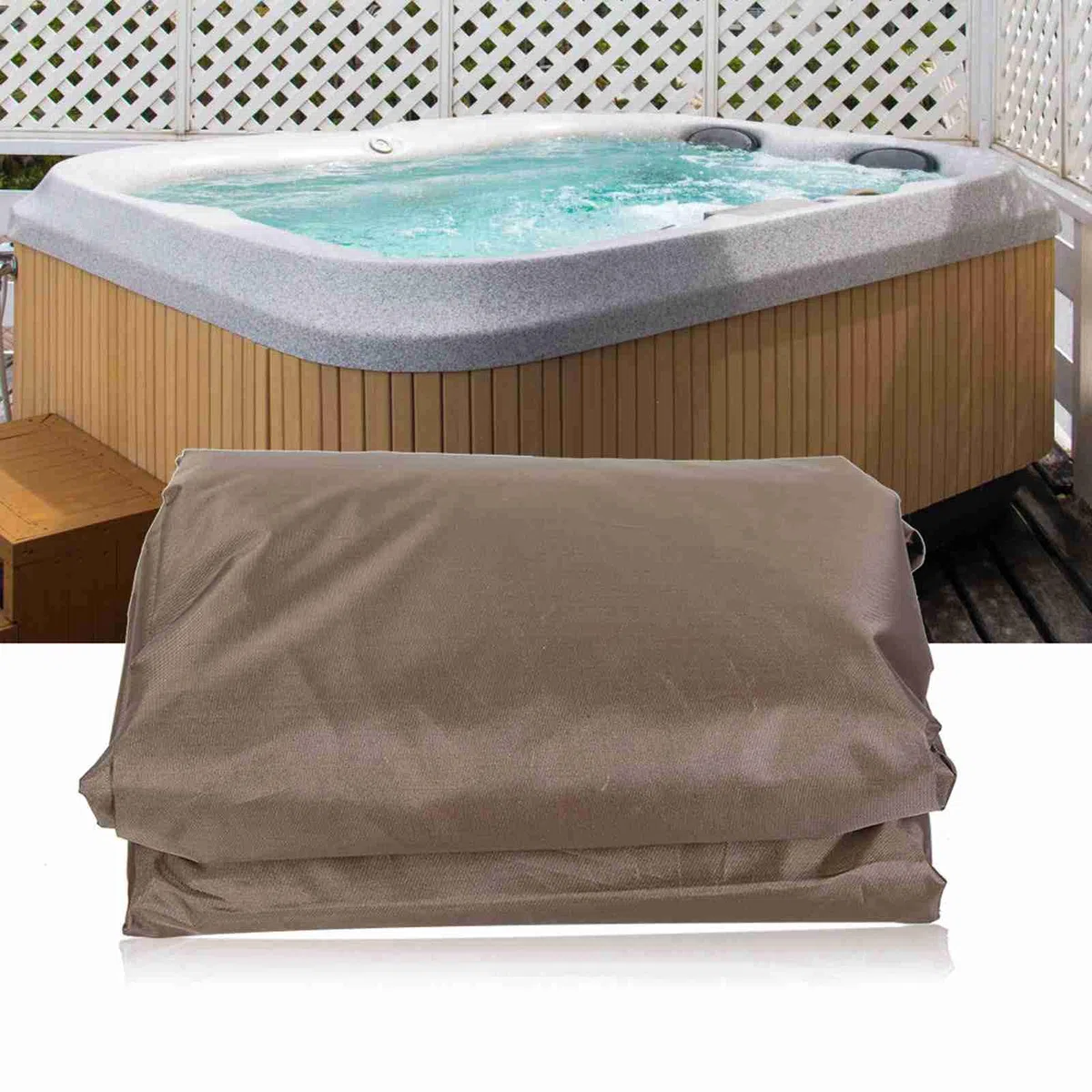 Protecteur de Couverture de Spa carré extérieur imperméable à l'eau, Couverture de Spa en Polyester Robuste, Protection de Spa carrée résistante aux intempéries pour Spa (Couleur Café)