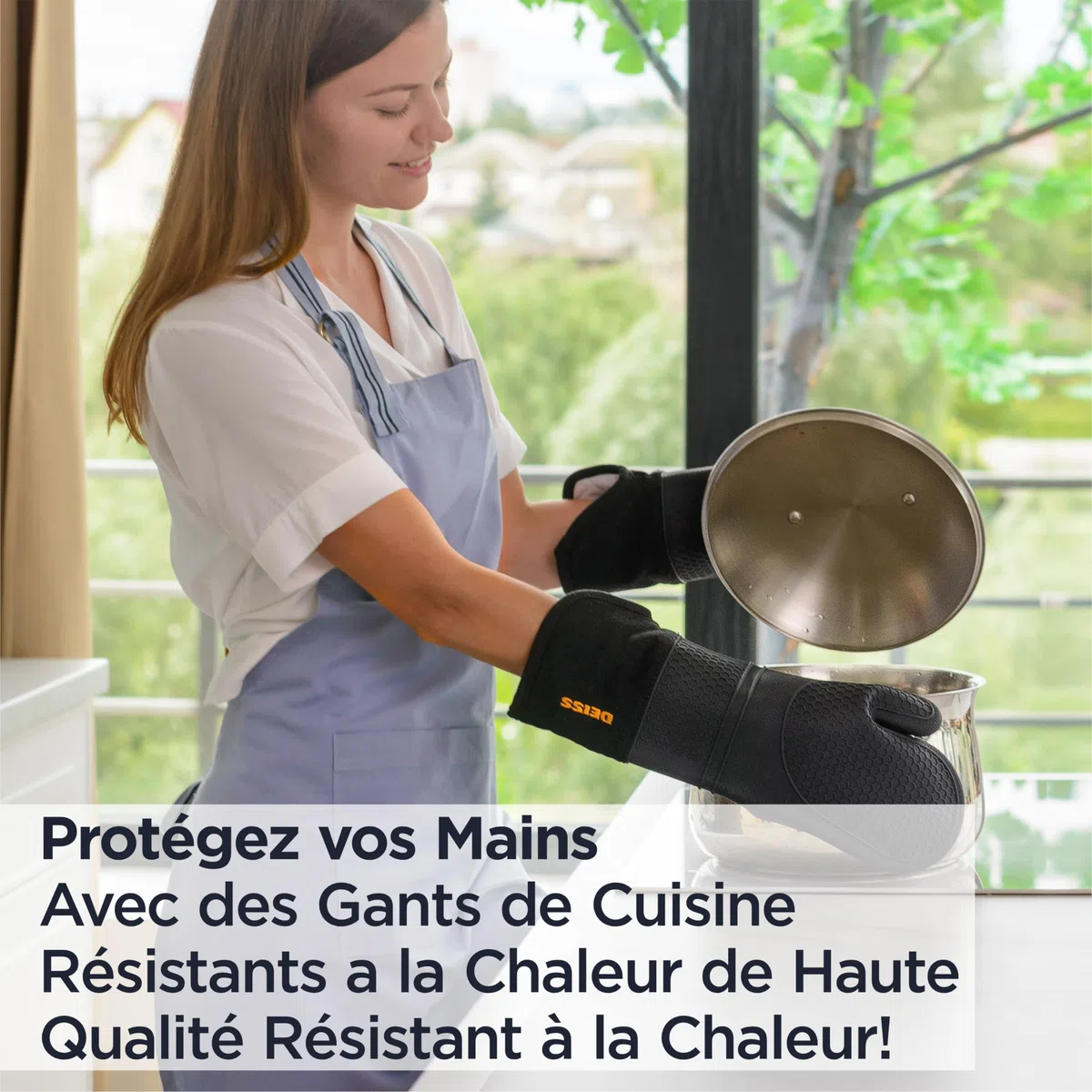 Deiss Pro Ensemble de Gants de Cuisine en Silicone résistant à la Chaleur et aux Taches, Gants de Barbecue en Coton Doux, imperméables, Gants de Cuisine Extra-Longs et Flexibles pour la Cuisson