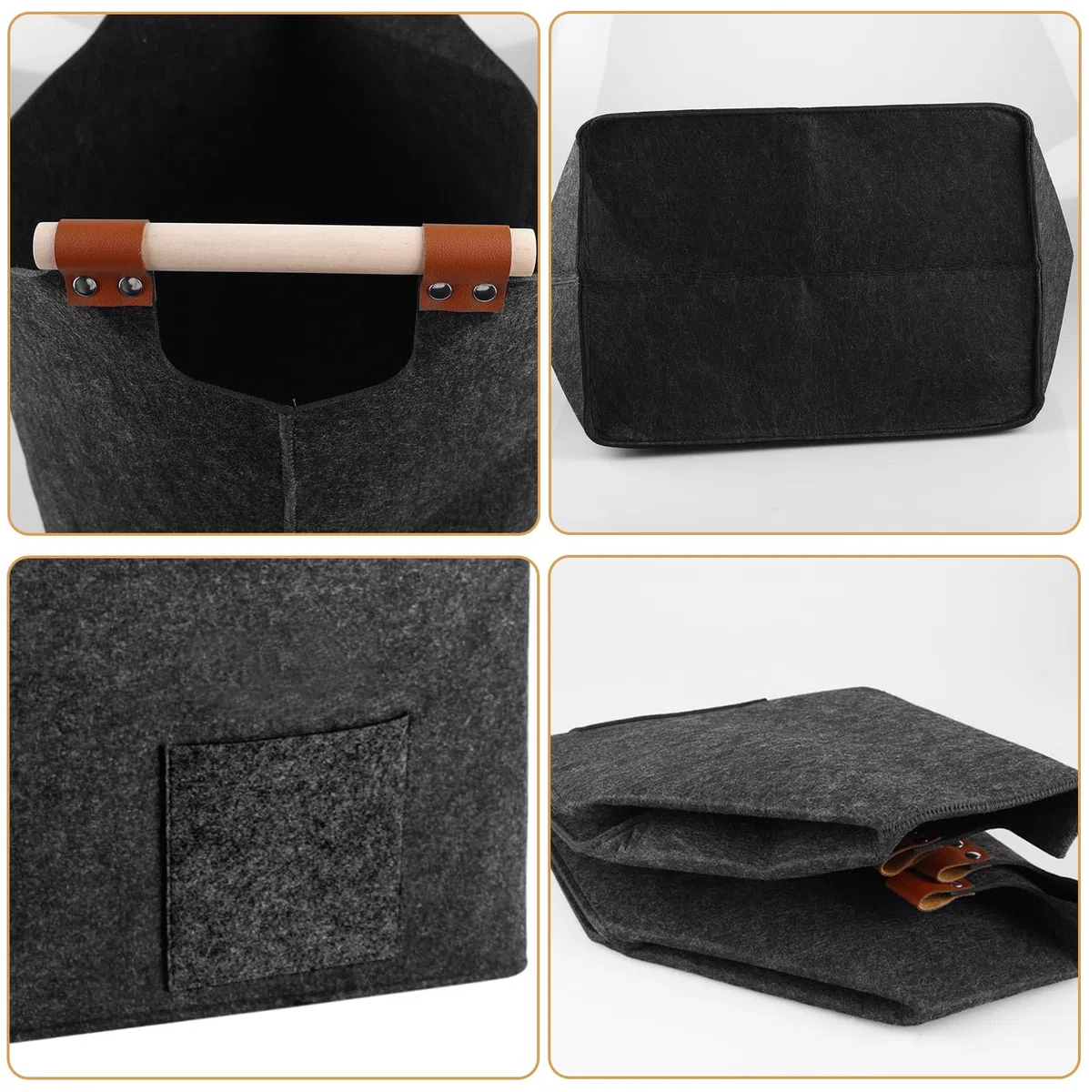 Panier à bois de chauffage en feutre pliable avec poignée en bois renforcé, panier de rangement pour bois de cheminée, courses, journaux (gris)