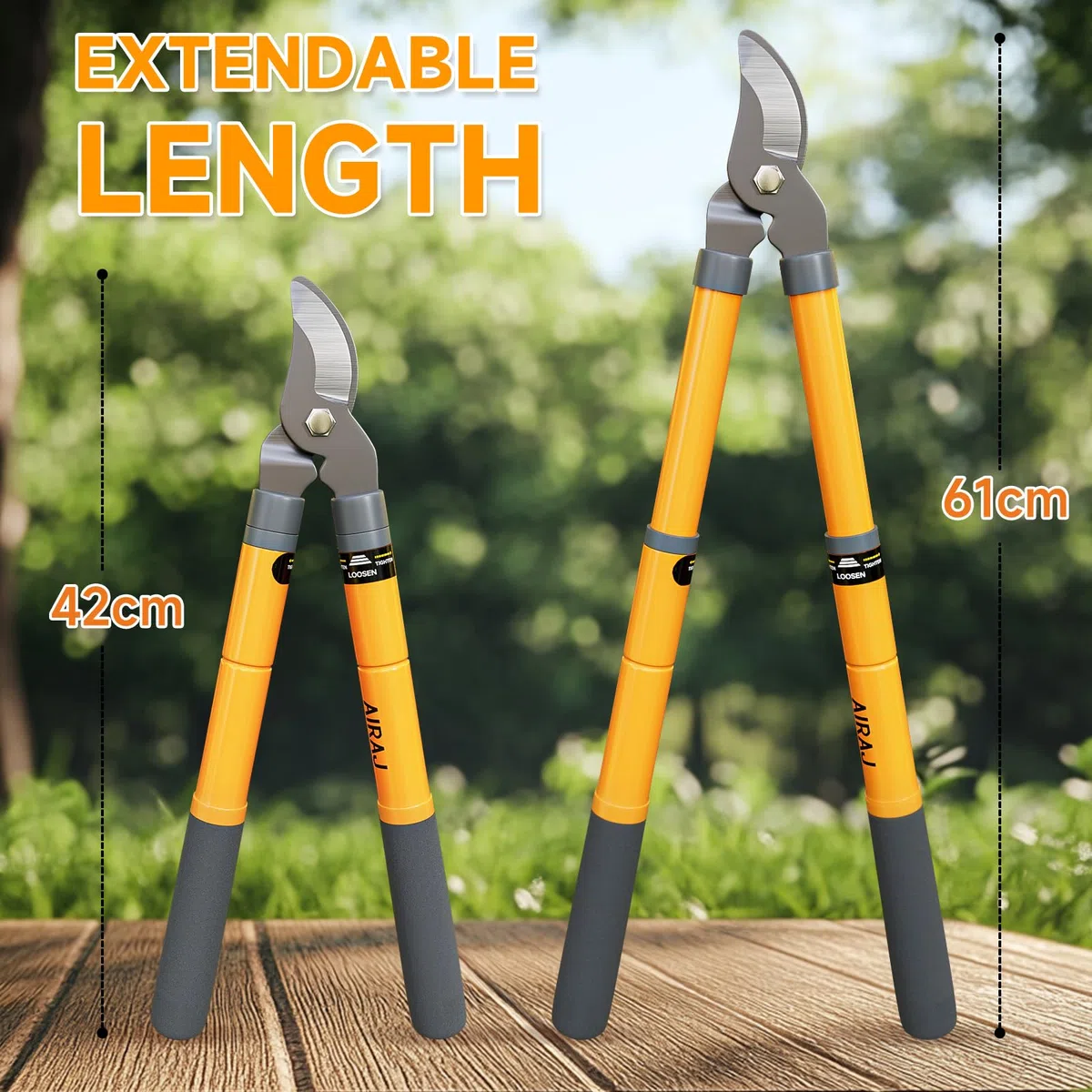 AIRAJ Coupe Branche Télescopiques 42-61cm, Coupe-Branche à Contre-lame avec Lame SK5 et Revêtement Anti-Adhésif-Coupe Propre Jusqu'à 3.5cm, Sécateur de Jardin Pour Branches Sèches et Humides