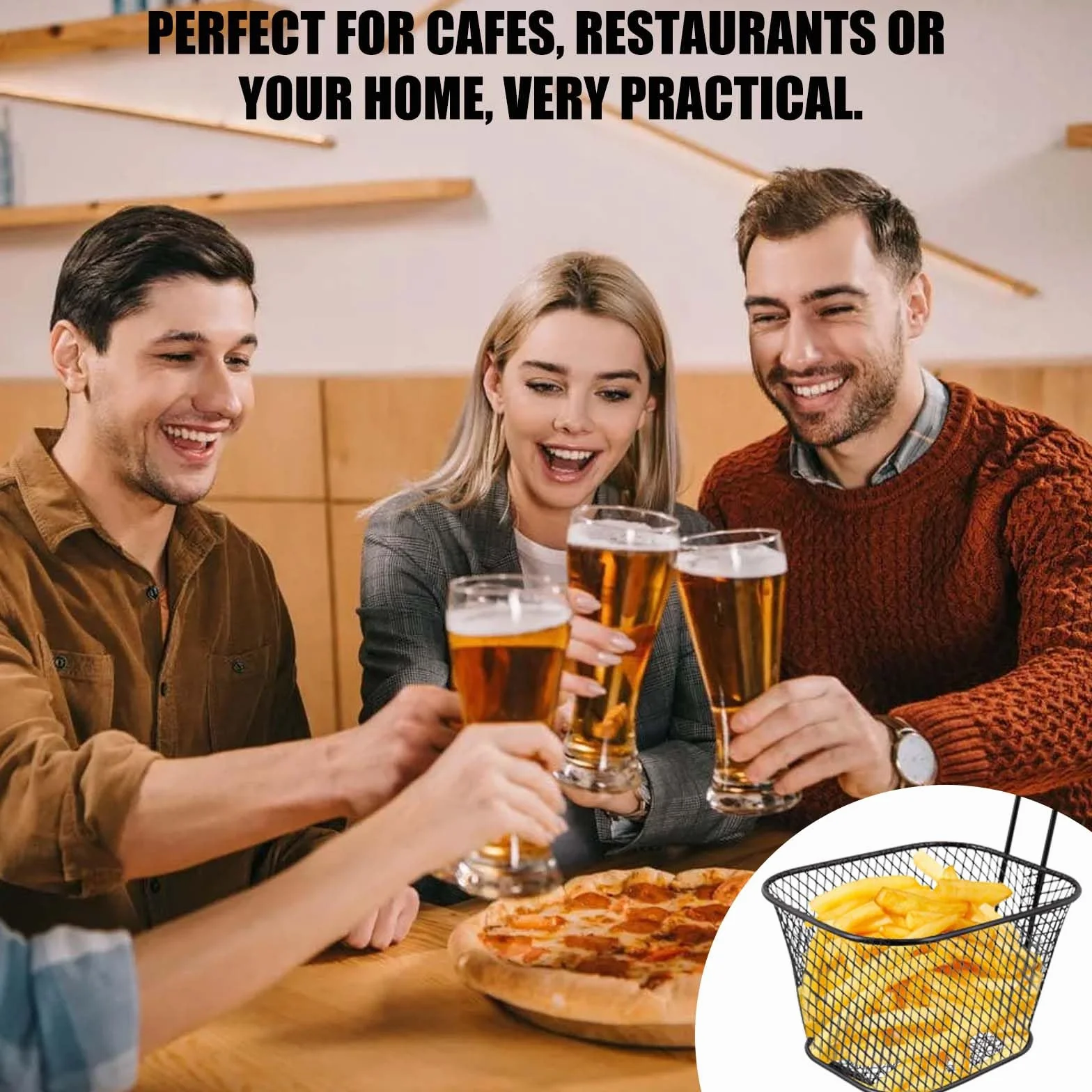 Lot de 12 petits paniers à frites en acier inoxydable avec poignée - Noir - Panier de service pour frites, crevettes, rondelles d'oignon