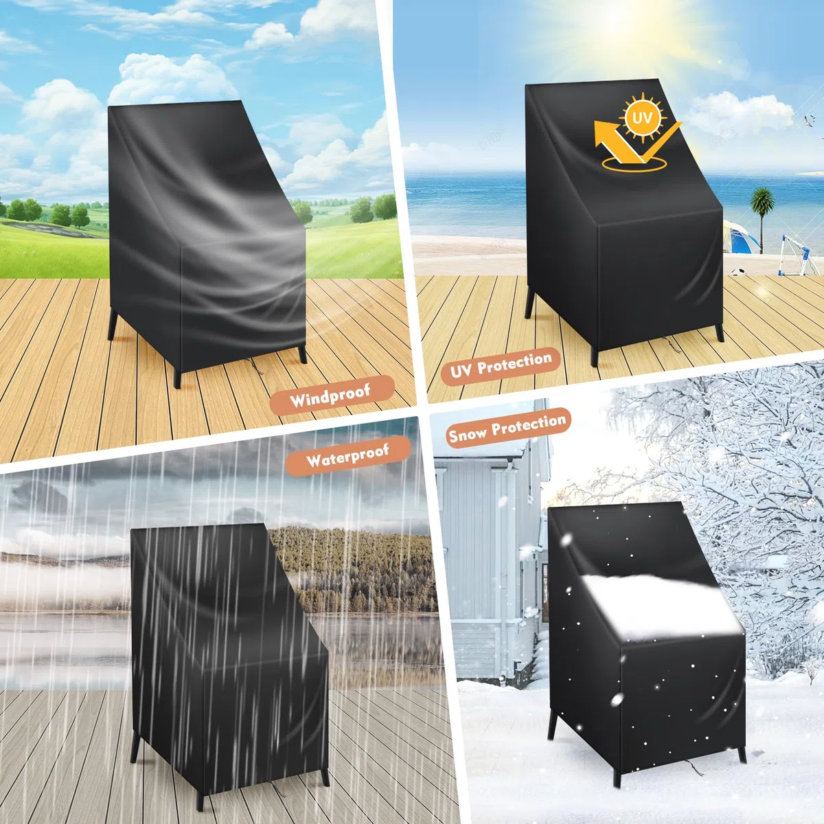 Cozary Housse Chaise Jardin, 64x64x70/120 cm Imperméable Housse Fauteuil Jardin, 210D Oxford Anti-UV Housses de Chaises de Jardin pour 4 Chaises Empilables - Noir