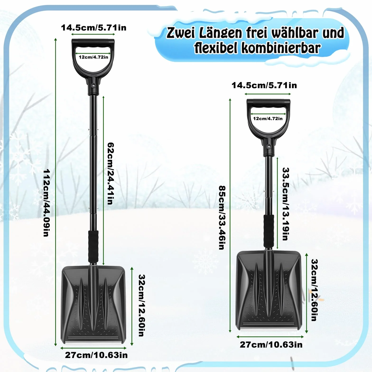 Pelle à neige en plastique avec manche en métal, pelle à neige avec 4 pièces, design amovible, légère pour voiture, trottoir et terrasse