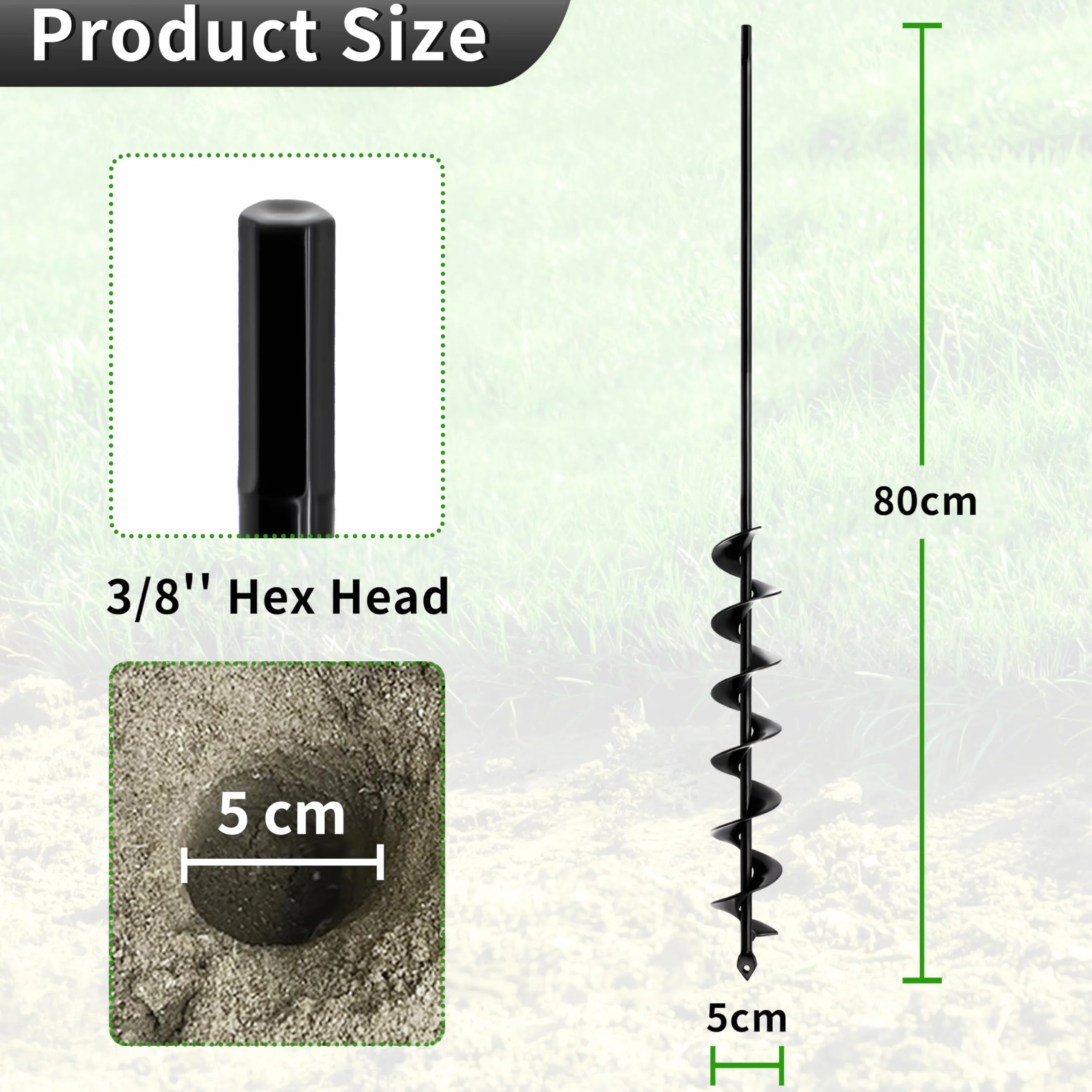 5x80cm Black Foret hélicoïdal de jardin Vis de jardin,Tarière pour perceuse, foret de plantation, foret de plantation pour visseuse sans fil
