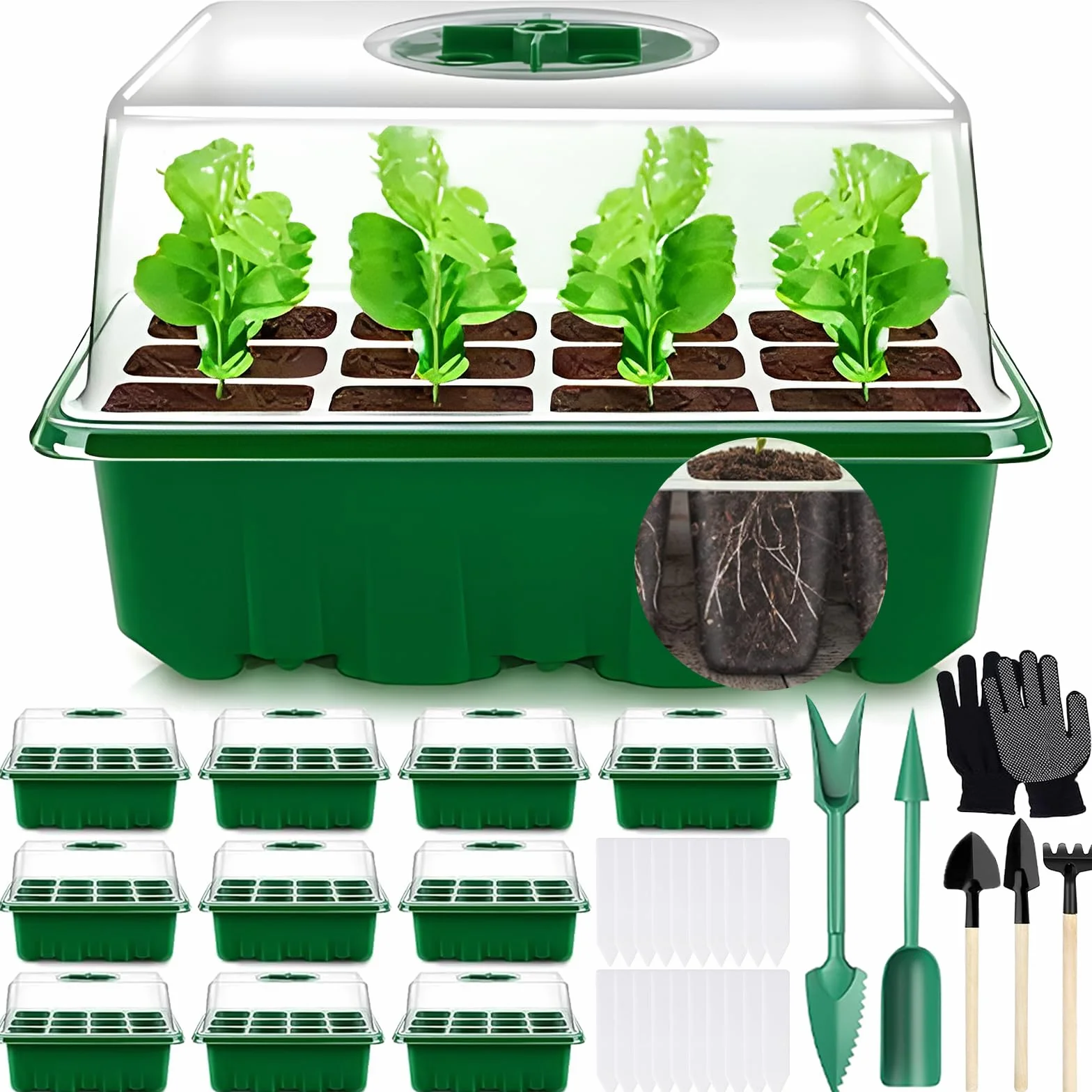 MOYKSRR Mini Serre pour Plantes, 10 Pièces 120 Cellules Intérieure Plateau Semis avec Dôme De Ventilation Et Socle, 20 étiquettes De Plantes, Serre Intérieure Pépinière Boîte Propagateur Jardin