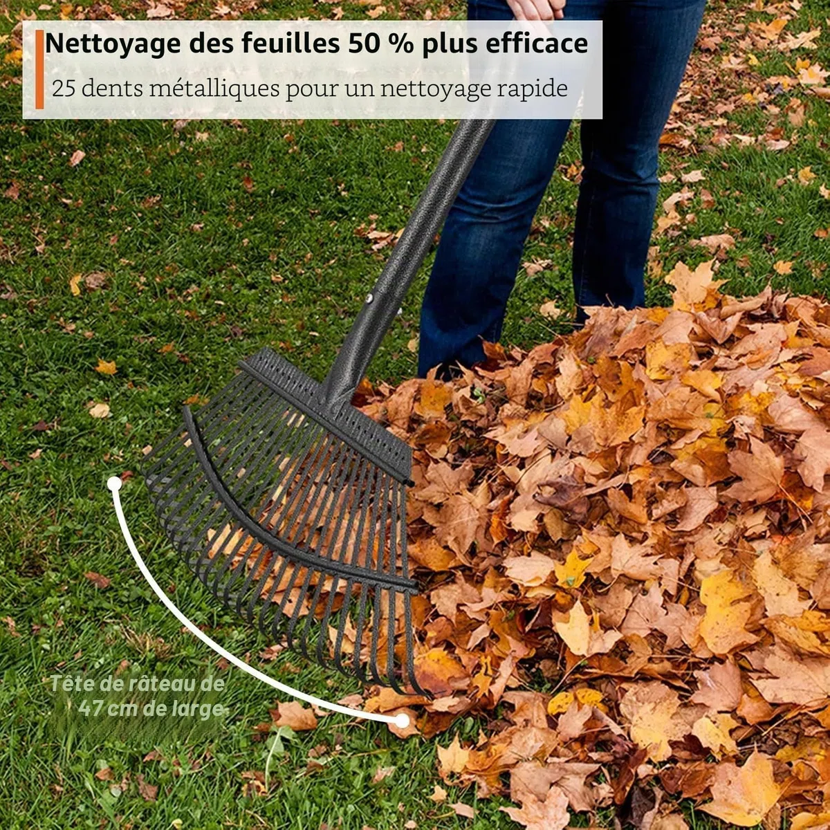 FLY HAWK Râteau à Feuilles, 165cm Râteau de Jardin avec Manche Réglable et 25 Dents Renforcées, 45cm Grande Surface Râteau de Jardin pour Nettoyer Plantes, Pelouse et Cour