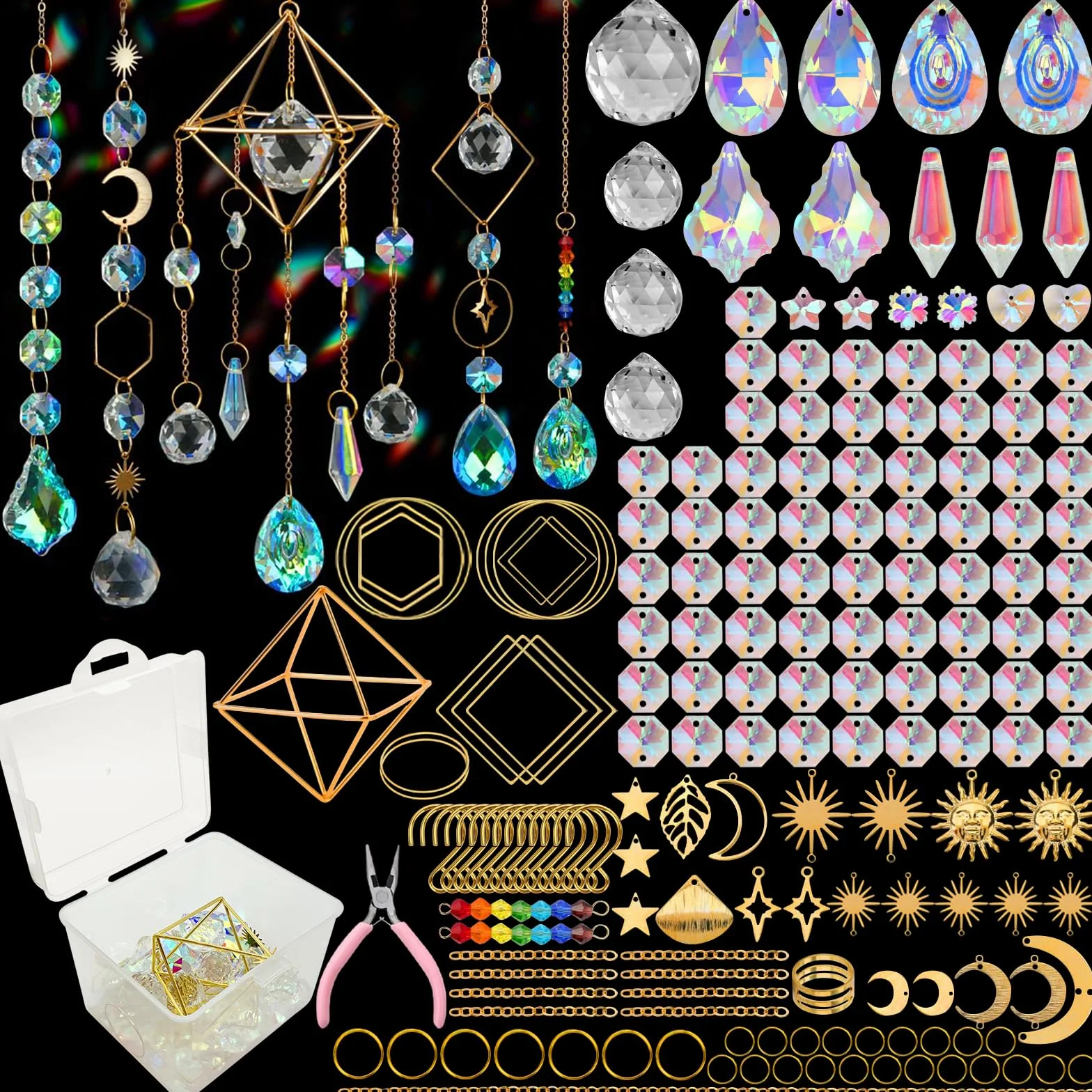 VEEKAY 400 Pièces Kits de Fabrication de Attrape-Soleil,DIY Cristal Suncatchers,Pendentif Cristal à Suspendre Attrape-Lumière,pour décoration de fenêtre,décoration de jardin,avec crochet de suspension