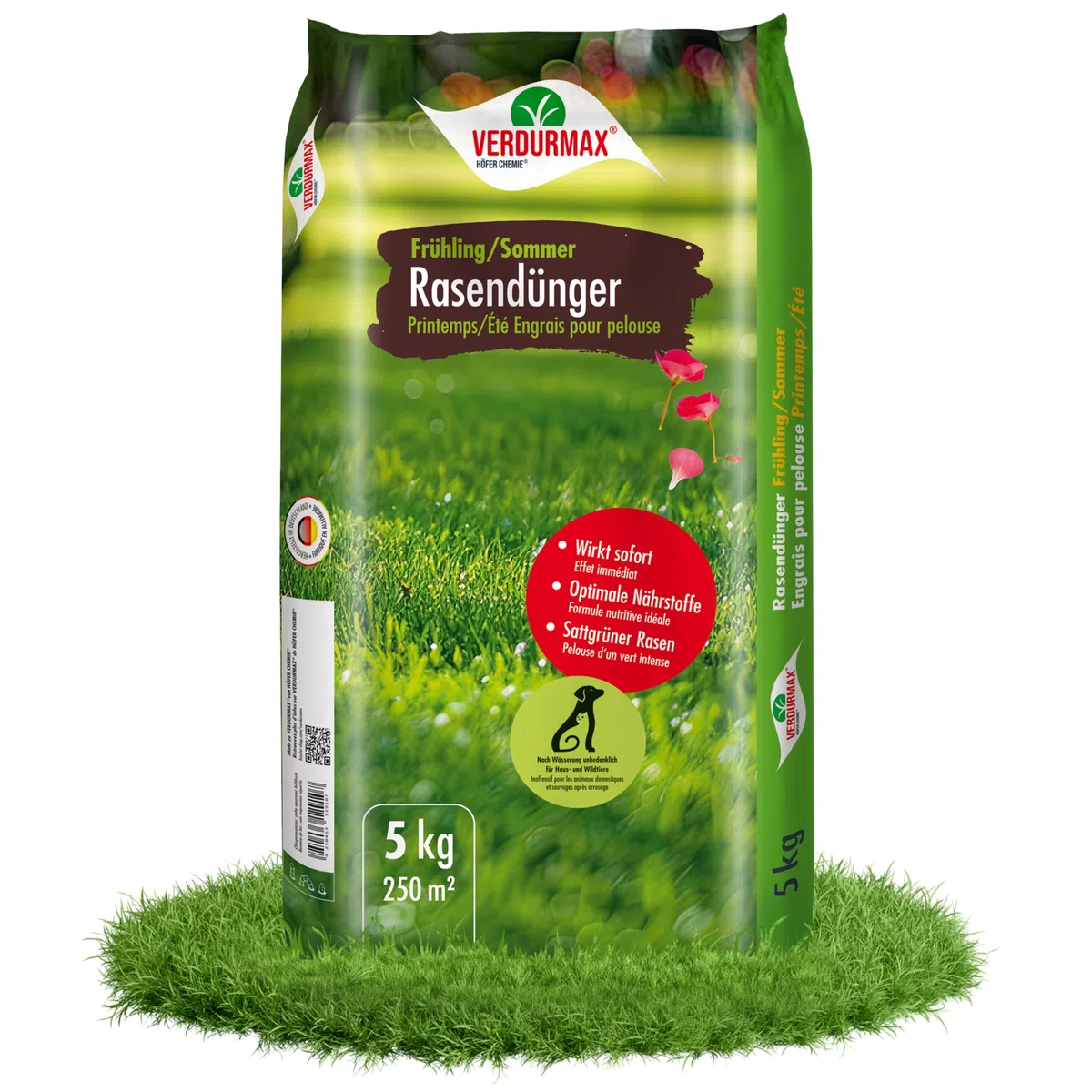 Verdurmax 5 kg d'engrais pour gazon Printemps & Été – Engrais à libération prolongée avec azote pour 250 m² de gazon vert luxuriant – Sans danger pour les chiens – Compatible avec épandeur