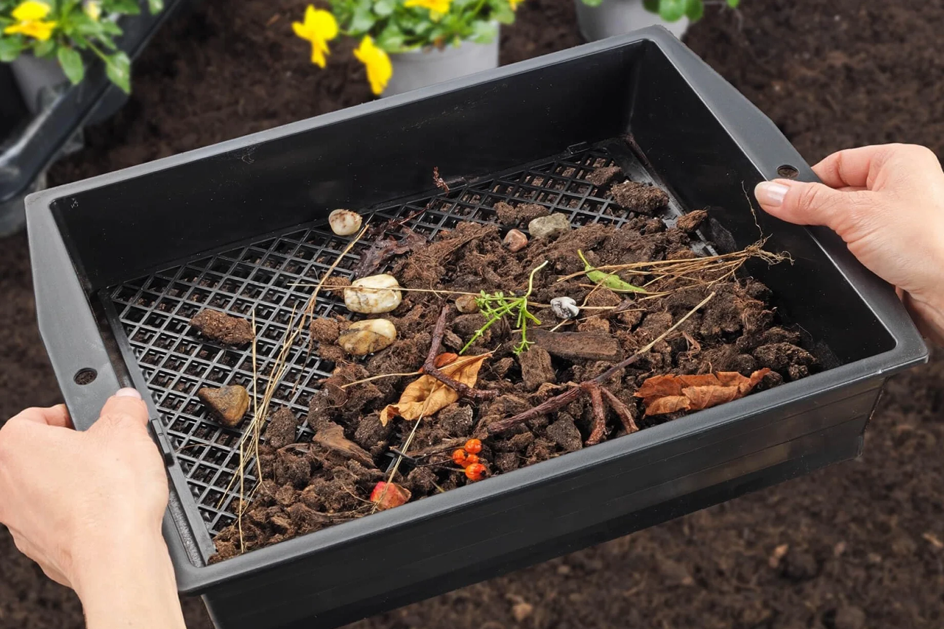 Maximex Tamis de jardin avec passoire réglable, tamis de jardin avec surface extra large pour filtrer les pierres, les racines et les feuilles, aide au jardin pour la récolte