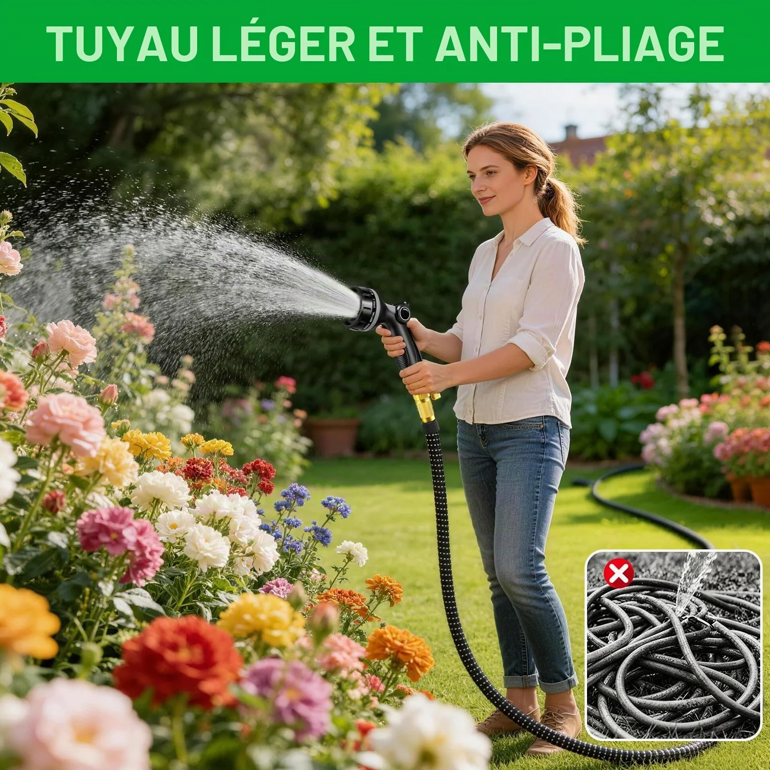 Tuyau Arrosage Extensible 15m, Tuyau d'arrosage Retractable avec 1/2" et 3/4" Adaptateur, Tuyaux d'arrosage avec 10 Modèles de Pulvérisation pour Jardin Irrigation Nettoyage Laver la Voiture