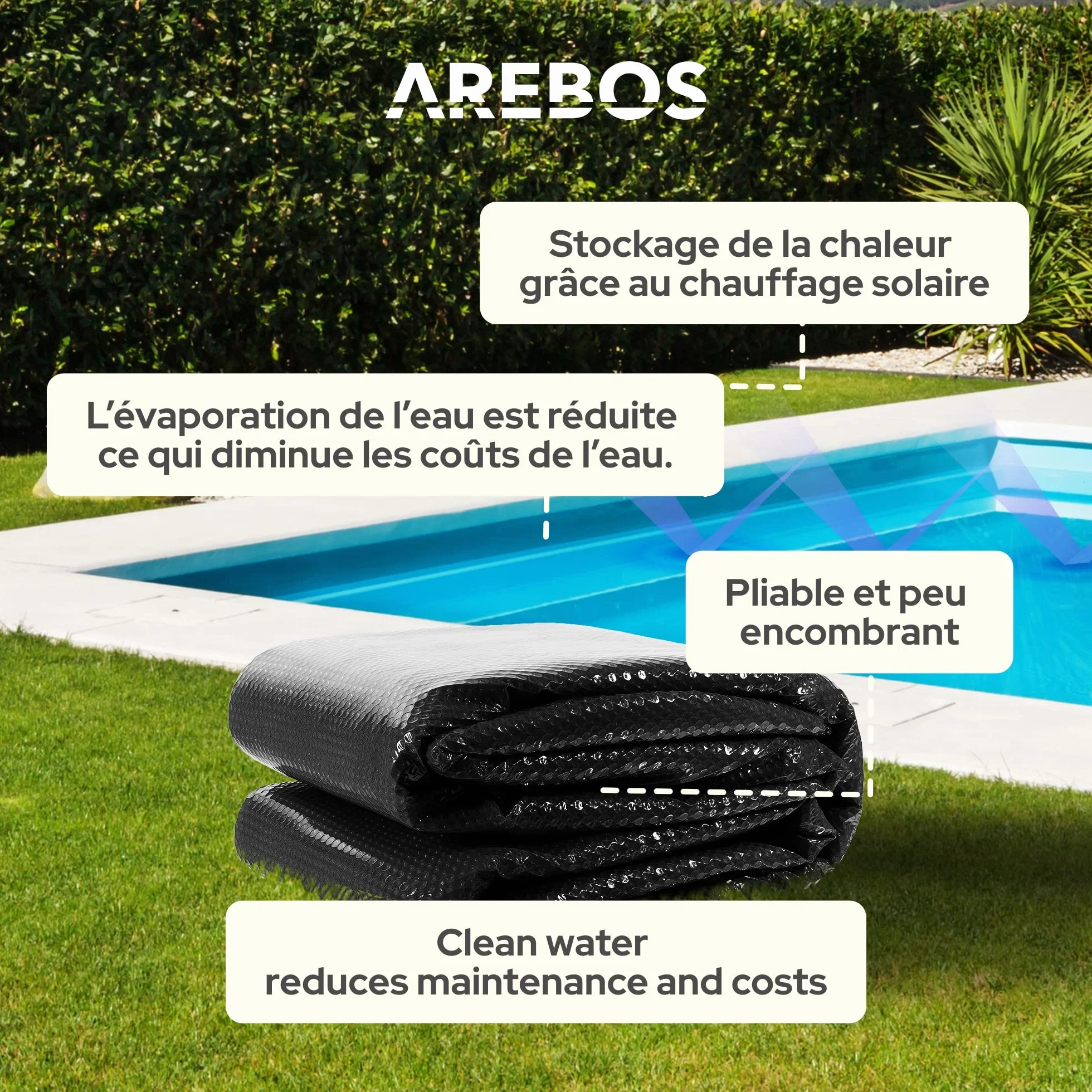 Arebos Pool bâche/Couverture Solaire | Bâche Solaire carrée Ø 4,5 x 2,2 m Noir | Bâche Solaire épaisseur 120 µm | Rouleau Solaire découpable | Chauffage de Piscine pour Chauffer l'eau