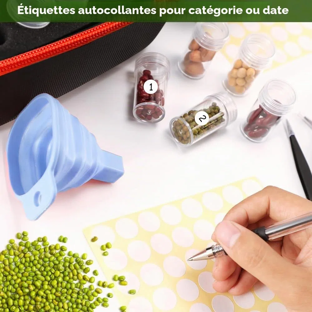 120 Fentes Boite à Graines Boîte de Rangement pour Graines Organisateur de Semences avec des Sachets, des étiquettes, Un Entonnoir et Une Pince à épiler pour Graines de Légumes et de Fleurs