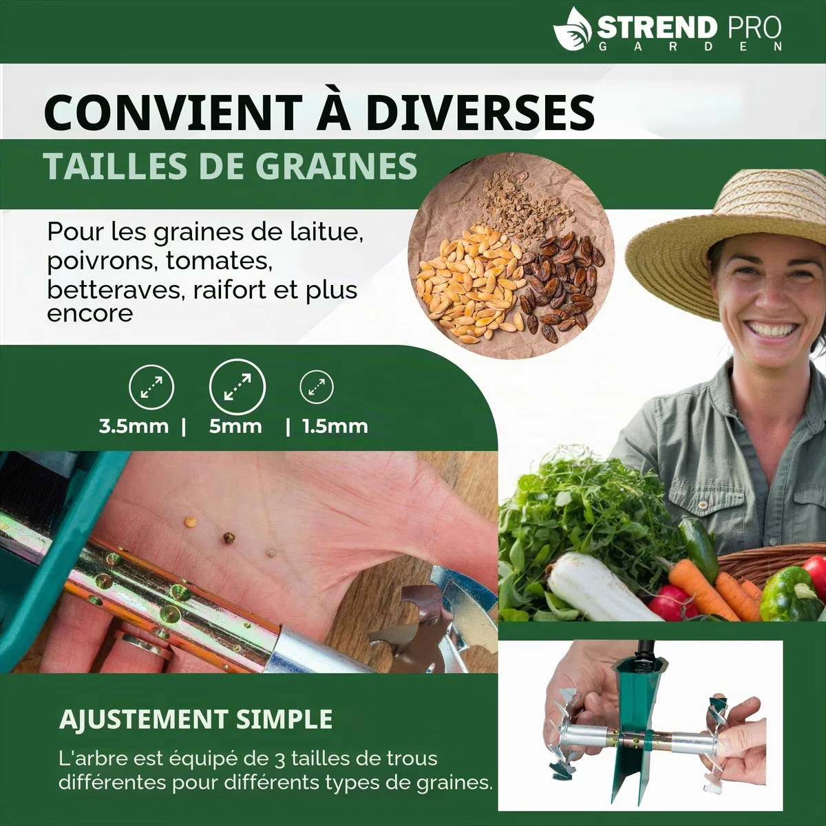 STREND PRO Semoir manuel - Métal - Simple rangée - Taille de graines réglable (1,5 ; 3,5 ; 5 mm) - Épandeur de graines pour petites surfaces, parterres, jardin, serres - Épandeur de graines manuel