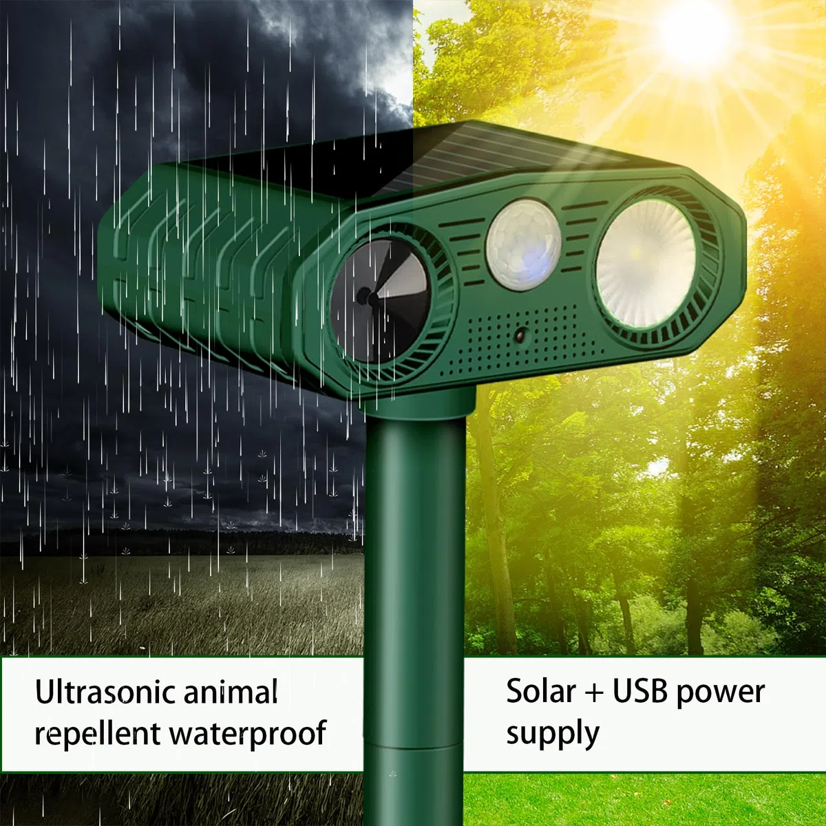 Répulsif Chat Ultrason, 3 Modes Repulsif Chat Solaire & Solaire et USB Répulsif Animaux, IP54 Étanche Repulsif Chat Exterieur avec Détecteur et Flash pour Chats Chiens Souris Ratons Animaux de Jardin