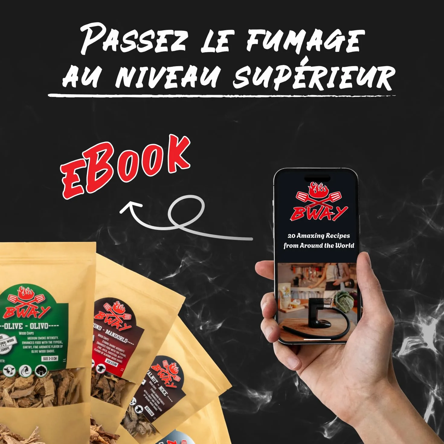 BWAY Copeaux de Fumage – Barbecues à Bois de Porc, Poisson, Fruits et Légumes – Bois de Fumage aux Arômes d’Olivier, Orange, Amandier, Citron, Noyer et Chêne (6×1 L)