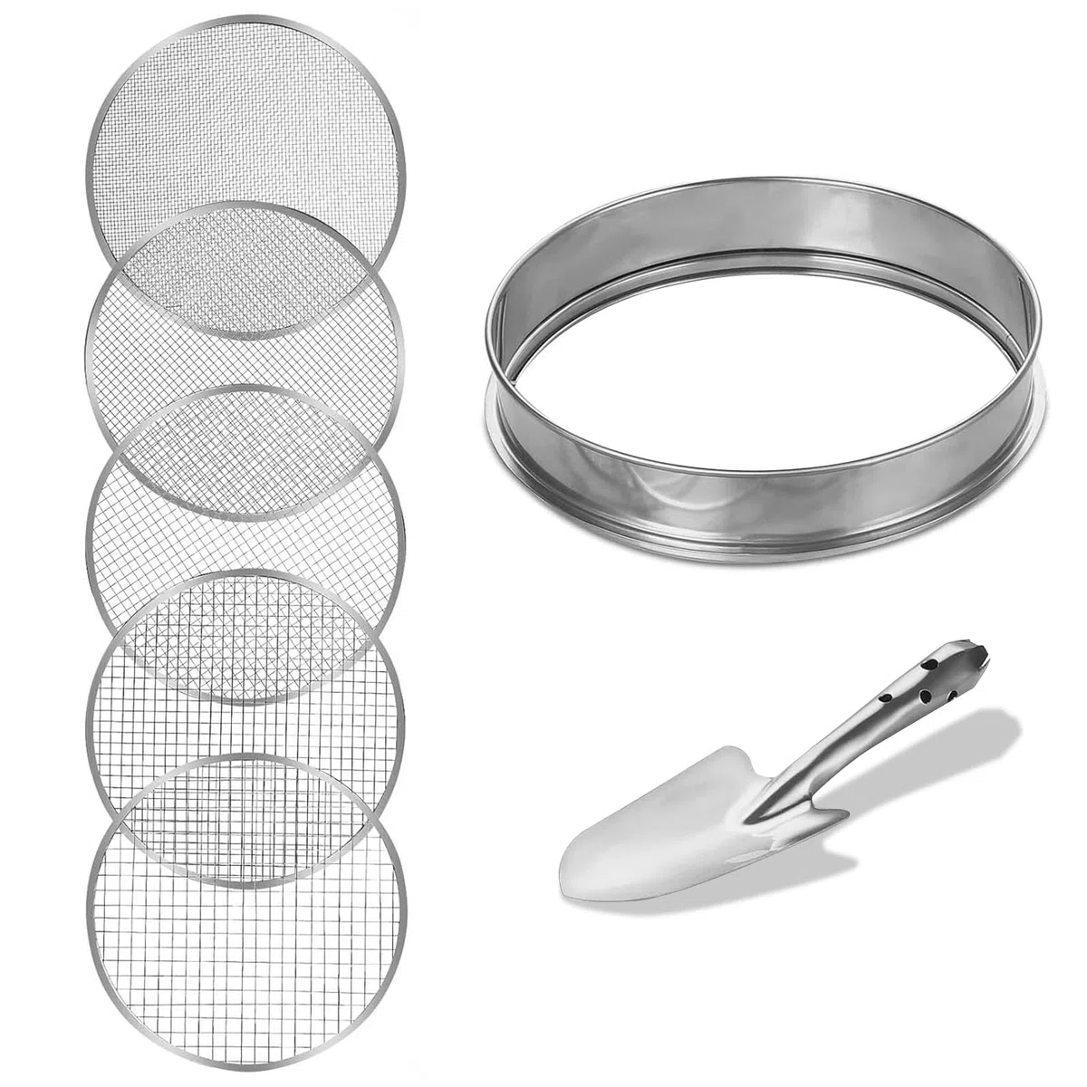 Tamis de Jardin Rond 30cm en Acier Inoxydable avec 5 Mailles Interchangeables Tailles de 3/6/9/10/12mm Outil Jardinage pour Tamiser Le Sol, Les Semences, Les Pierres et Le Compost, Pelle Inclus