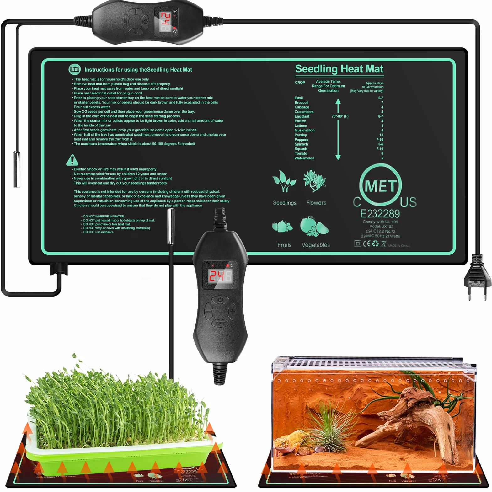 Tapis chauffant pour plantes avec thermostat : 10 x 20,75 pouces, tapis chauffant sûr pour plantes, 50 W, tapis chauffant durable pour plantes, serre d'intérieur, tapis chauffant pour semis, taux de