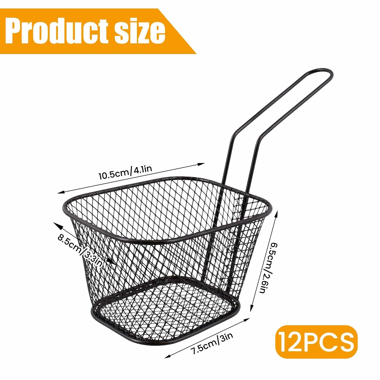 Lot de 12 petits paniers à frites en acier inoxydable avec poignée - Noir - Panier de service pour frites, crevettes, rondelles d'oignon