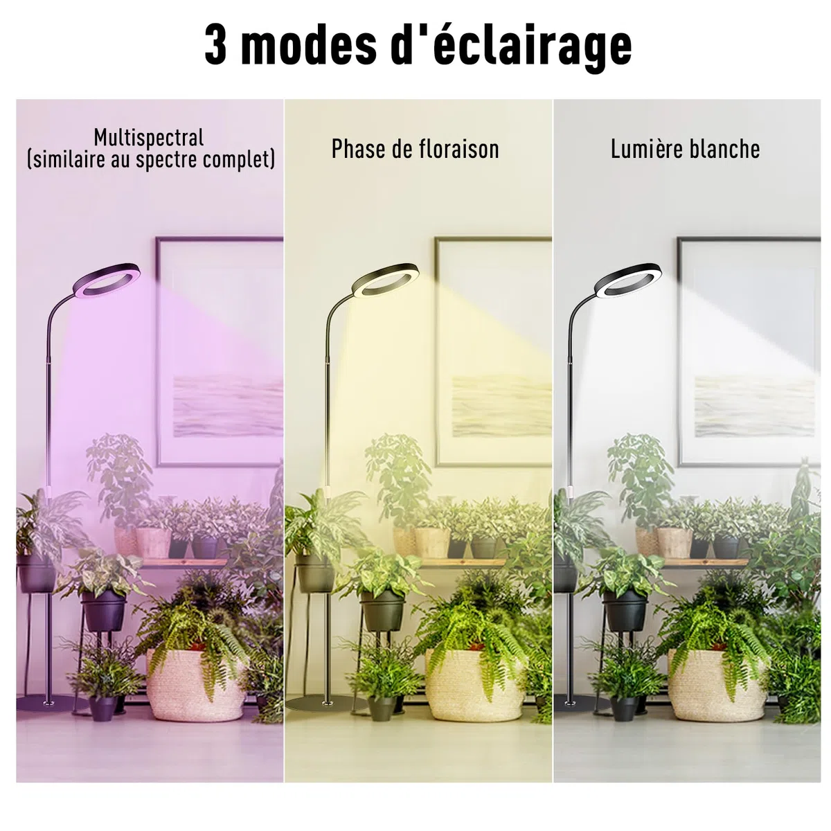 Lampe Horticole LED, Spectre Complet 380-800nm avec Minuterie 6/12/16H, 3 Modes & 10 Niveaux de Luminosité, Hauteur Réglable 57-170cm, pour Plantes d'Intérieur, Livrée avec Timer et Adaptateur