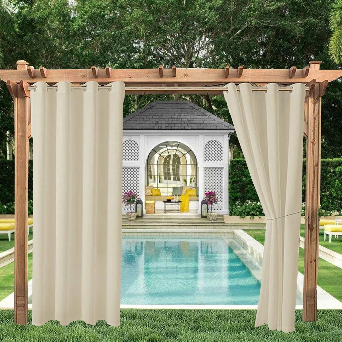 ele ELEOPTION Rideaux d'extérieur Hydrofuges, Protection Anti-UV avec œillets, pour Jardin, Cour, Balcon, Blanc Cassé, 1 Pièce / 132 X 213cm