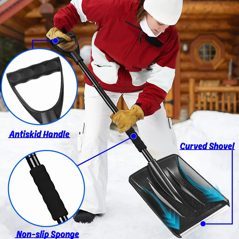 Pelle a Neige, 108cm de Long, Profil en Aluminium Bord de Glissement, 4 Pièces Conception Amovible, Réglable Pelle à Neige Portable pour Conduire, Camping, Bonhomme de Neige Jouer