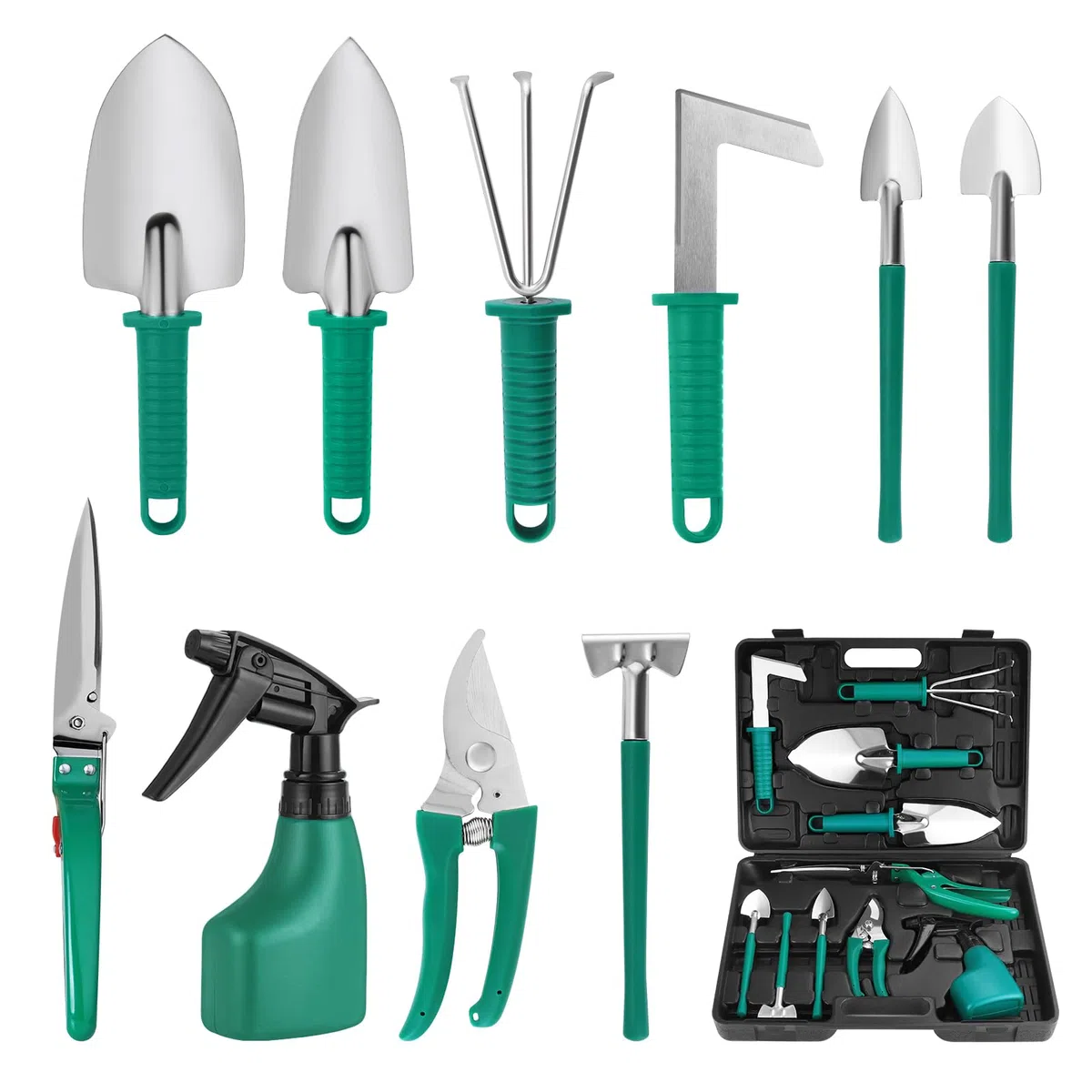 Kit de Jardinage, 10 Pièces en Acier Inoxydable Outils de Jardinage avec Boîte de Rangement，Truelle, Râteau, et Pulvérisateur(Vert)