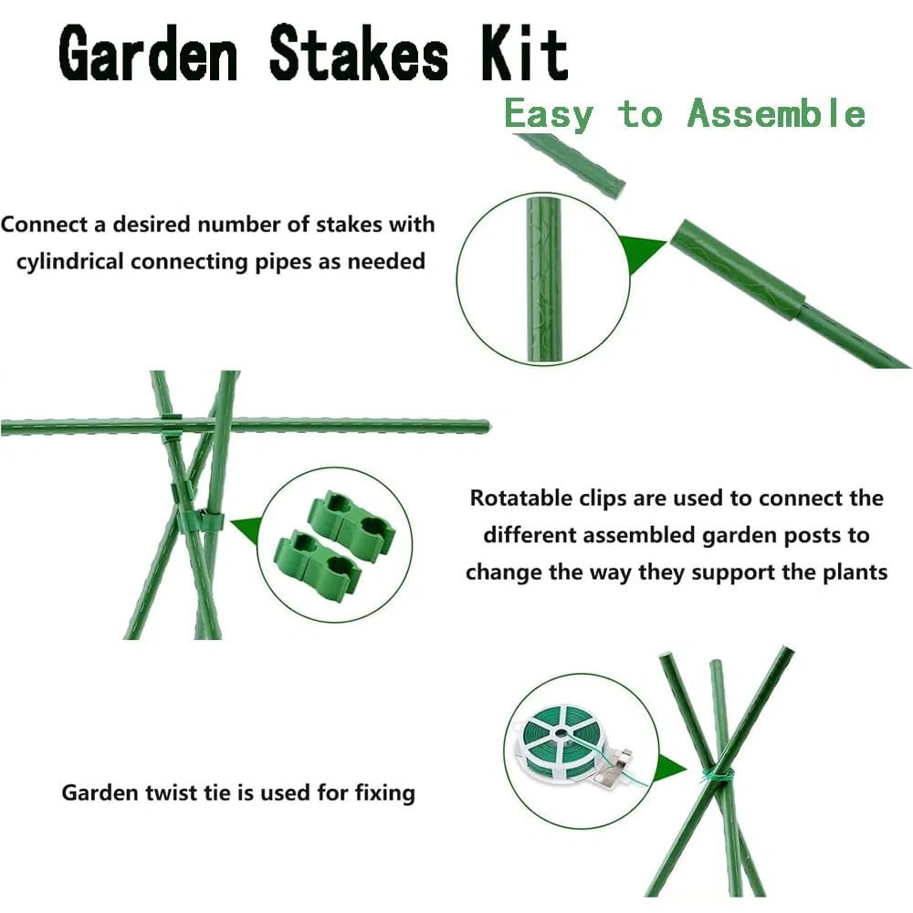 Lot de 30 tuteurs pour plantes grimpantes - Tube en acier inoxydable revêtu de plastique - 40 cm de diamètre - 11 mm de diamètre - Avec 20 connecteurs et 30 clips multifonctions - Tuteur pour pois