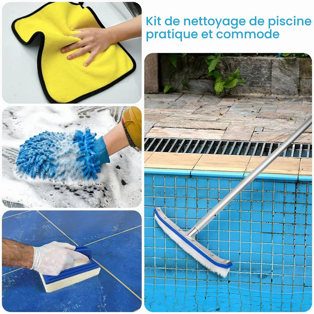 Brosse Piscine, Brosse de Nettoyage pour Piscine de 43 cm, Balai Piscine avec Barre en Aluminium Réglable en Longueur de 180cm