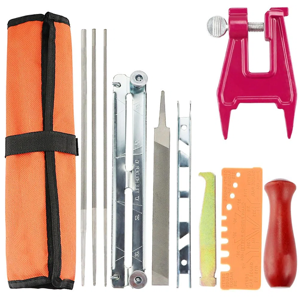Affuteuse de Tronçonneuse Kit d'affûtage de chaîne de tronçonneuse, avec Lames Rondes, Lime Plate, Souche de Tronçonneuse, Poignées en Bois, Jauge de Profondeur, Nettoyeur de Rainure et autres