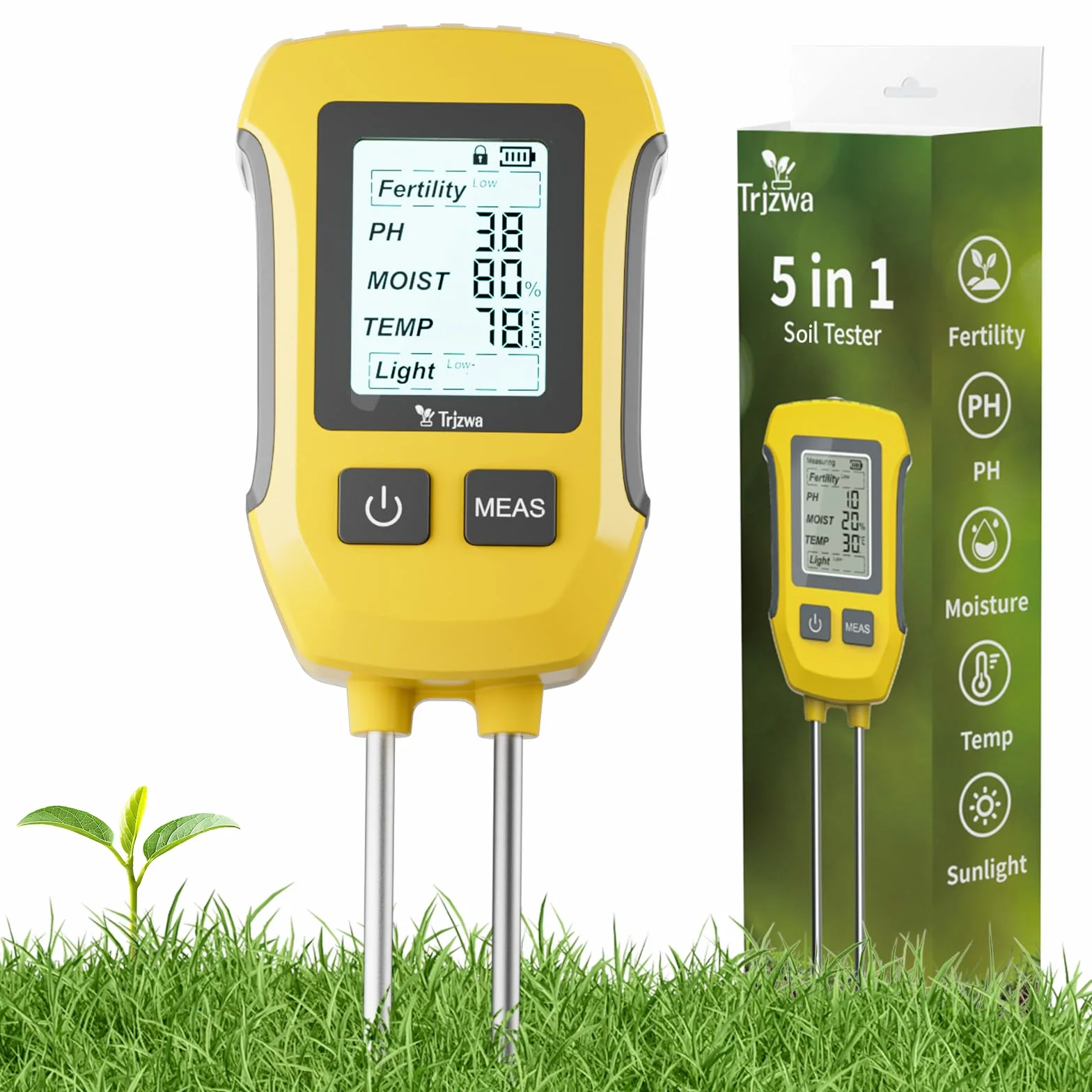 Testeur d'humidité pour Plantes 5 en 1,Humidimètre pour Fertilité/PH/Humidité du Sol/Température/Intensité de la Lumière du Soleil, Hygrometre pour Plantes avec Écran LCD Rétro-Éclairé