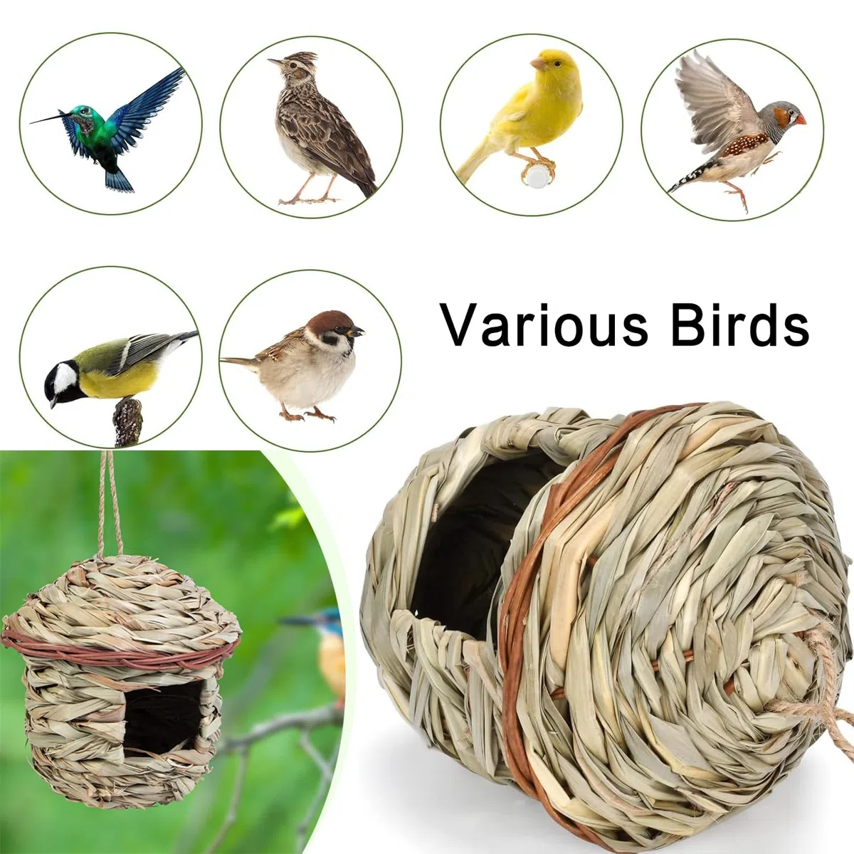 Nichoir Oiseaux Tissé à la Main, 2 Pièces Nichoirs pour Oiseaux Tissés à la Main, Nid D'Oiseau Fait À La Main, Nid Oiseau Fait à La Main pour Mésanges Charbonnières, Rouges-Gorges (Des billes, B)