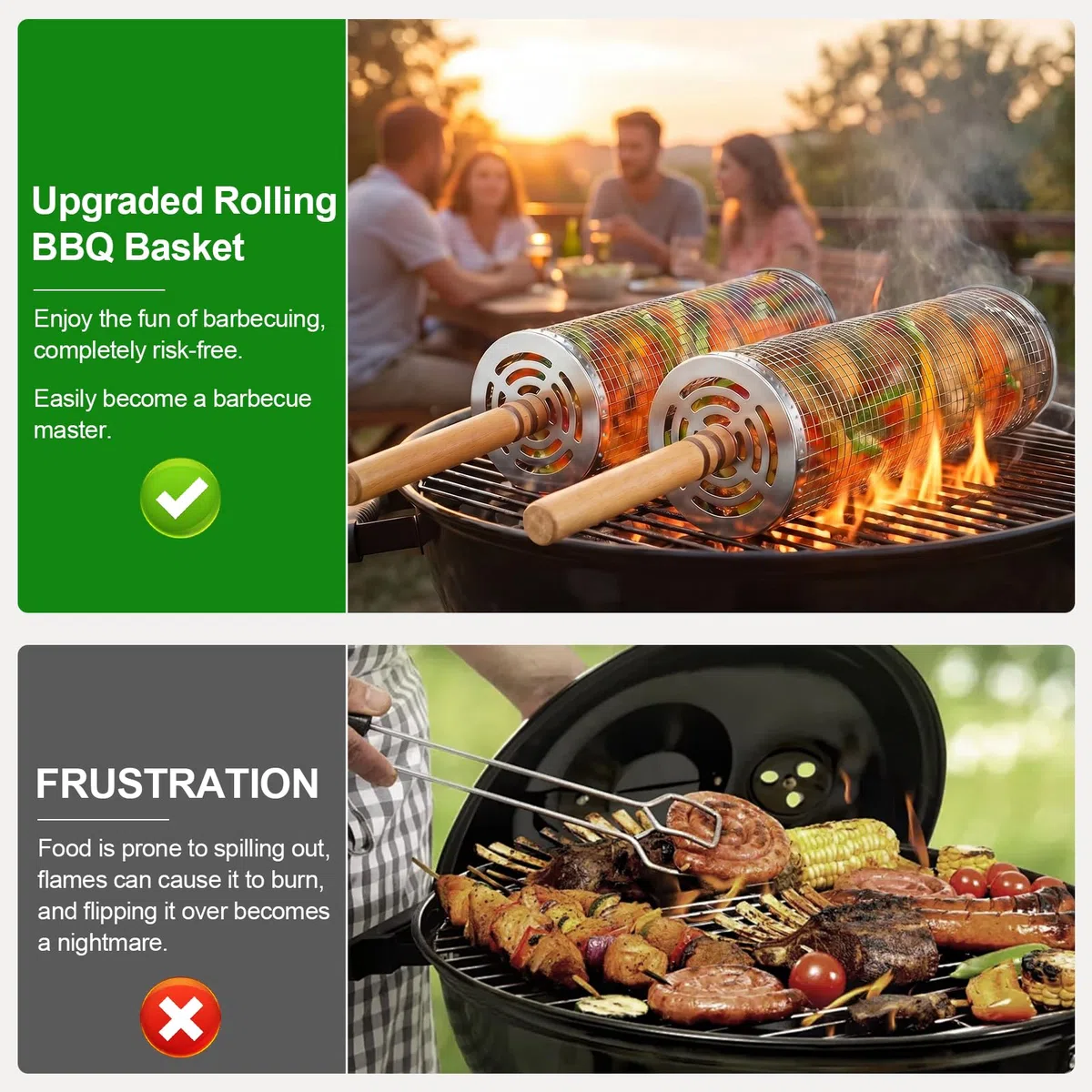 Panier à Barbecue Roulant, Paquet de 2 Paniers à Grillades Enroulable avec Poignée Détachable et Brosse Panier Grille Barbecue Emboîtables pour Légumes, Viande, Poisson Cadeau Hommes