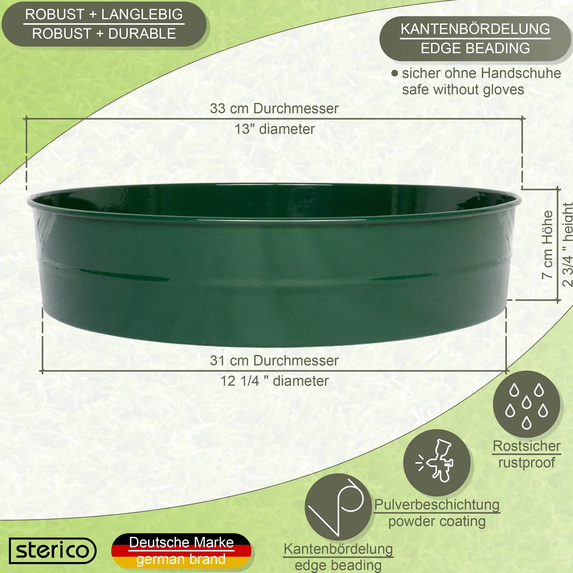 Sterico Tamis de jardin en différentes tailles de maillage | Tamis rond 33cmØ | Tamis de sol, passoire pour semence, terre, compost, pierres, mauvaises herbes | Empilable | robuste (12mm)