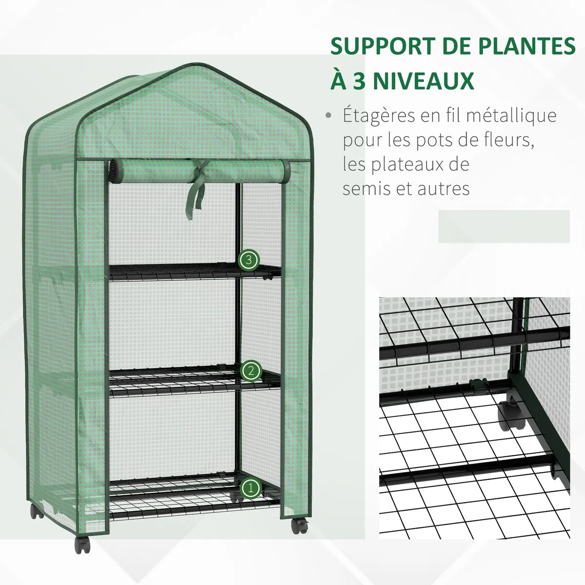 Outsunny Serre de Jardin PE avec étagères 3 Niveaux, Serre de Balcon, bâche PE, châssis en Acier, Porte zippée Enroulable, pour légumes Plantes Fleurs, 69x49x130cm, Vert