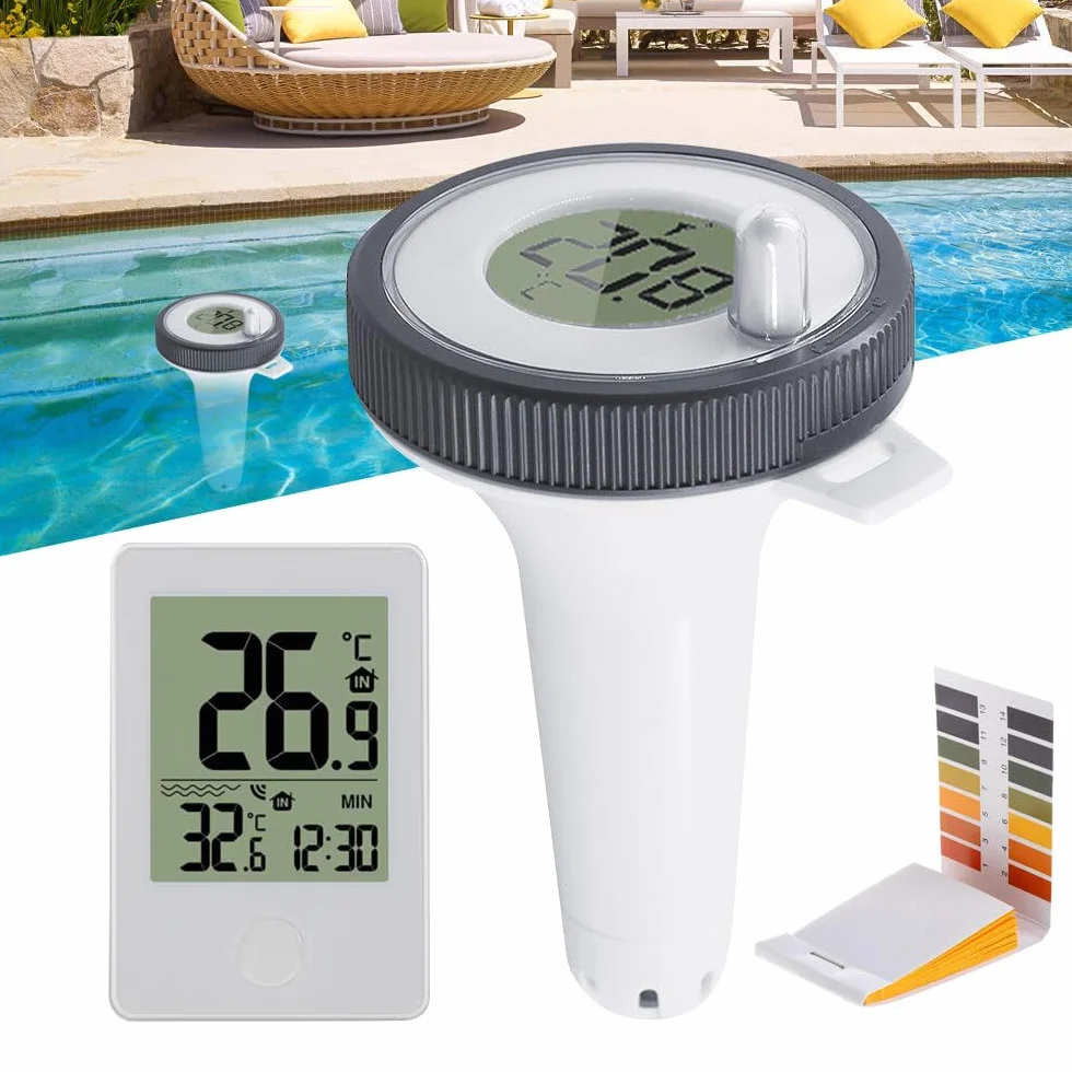 Thermomètre Piscine Connecté, TGKYK Thermomètre Piscine Flottant avec Température Ambiante, Fonction Horloge, Papier PH, Thermometre Piscine Sans Fil, Thermometre Piscine Digital pour Piscine