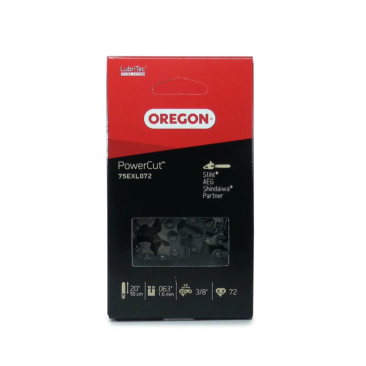 OREGON PowerCut - Chaîne de Tronçonneuse pour Guide-Chaîne 50 cm (20") / Pas 3/8" / Jauge 1,6 mm / Gouges carrée / 72 Maillons d'Entraînements - Compatible avec AEG, Carver & Stihl (75EXL)