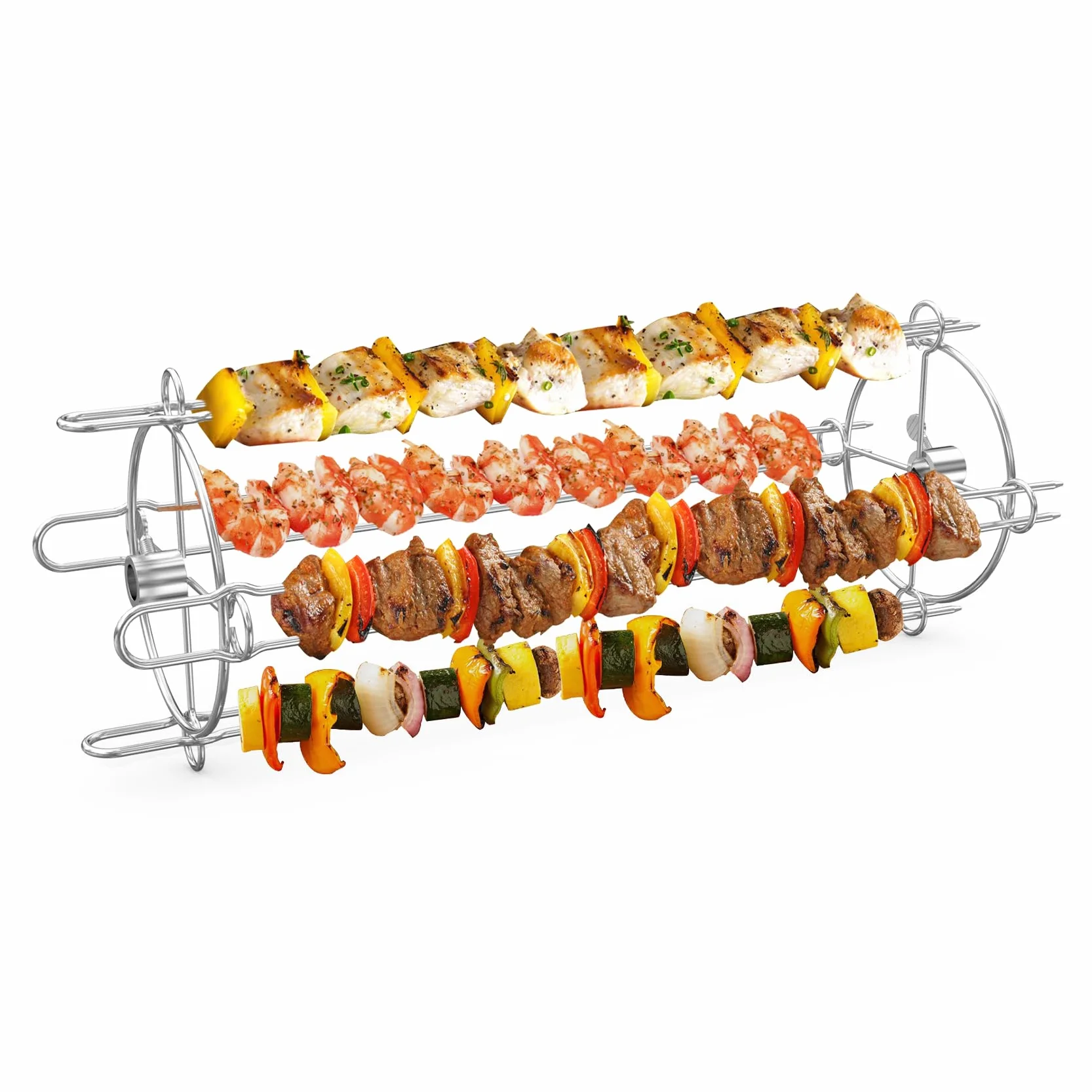 onlyfire Set de Brochettes Rotatives en Acier Inoxydable pour Tournebroche Barbecue, avec 4 Double Pique Anti-Chute d'Aliments, Grille pour rôtissoire pour Barbecue à gaz et Charbon de Bois