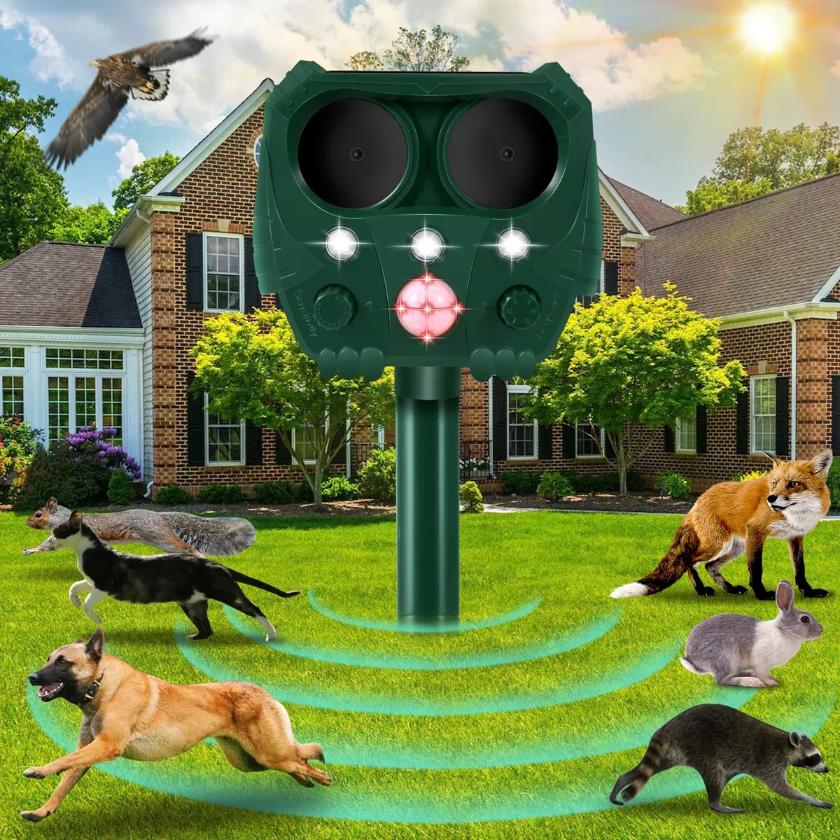 Repulsif Chat Exterieur Ultrason, Effaroucheur Solaire ＆ Charge USB, 5 Modes avec Détecteur de Mouvement PIR, Lumière LED, IPX4 Étanche, Répulsif Renard, Taupe, Chiens, Raccoons, Sanglier, Oiseaux