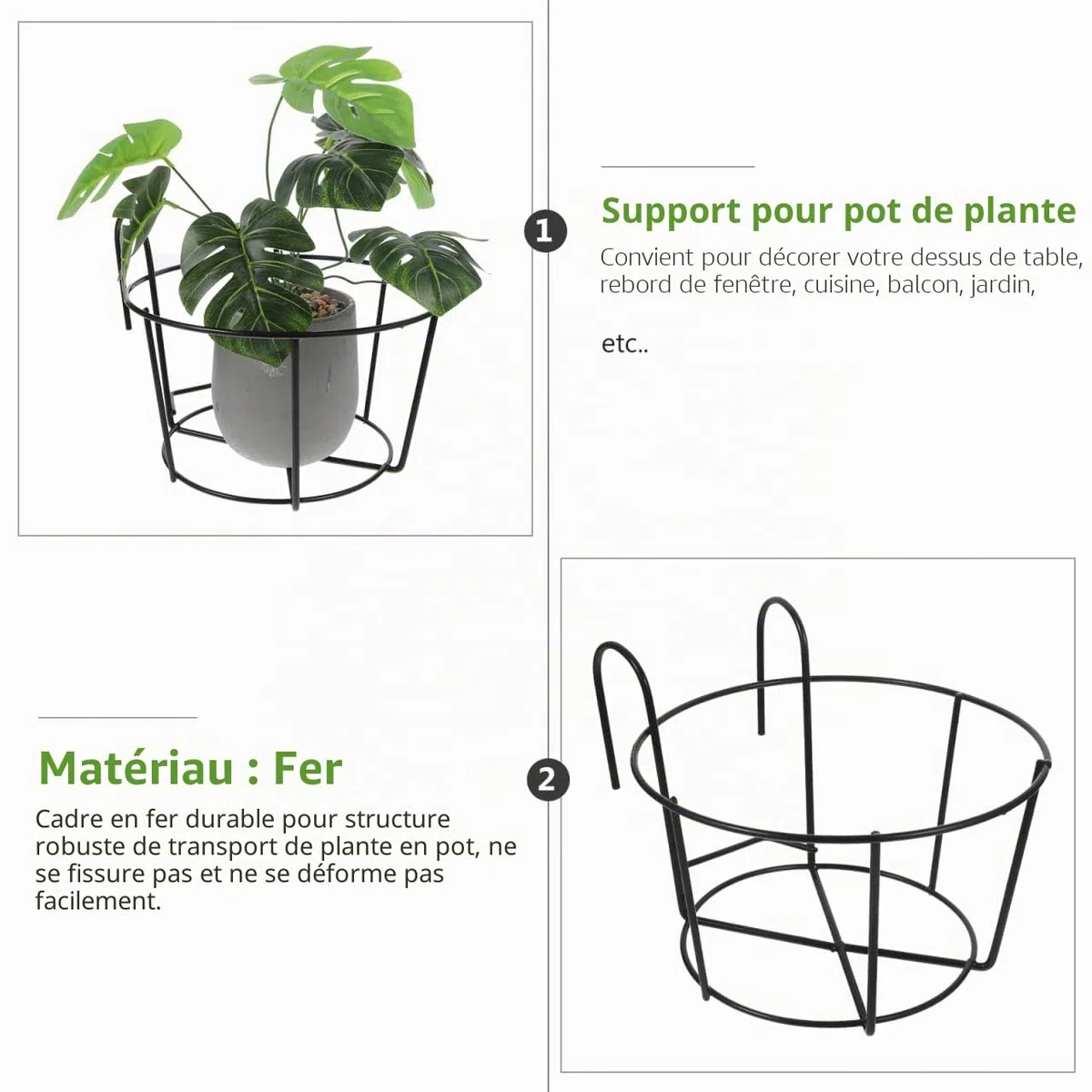 Angoily Lot de 2 pots de fleurs ronds en métal à suspendre - Support de pot de fleurs en fil de fer - Support de pot noir - Étagère en fer - Panier à plantes de balcon pour clôture de balcon en plein