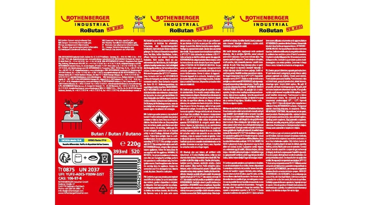 ROTHENBERGER Industrial Cartouche de gaz RoButan 220 g / 393 ml, fermeture à baïonnette, MSF-1A, cartouche de valve gaz pour réchaud de camping extérieur, désherbeur, 1500003504