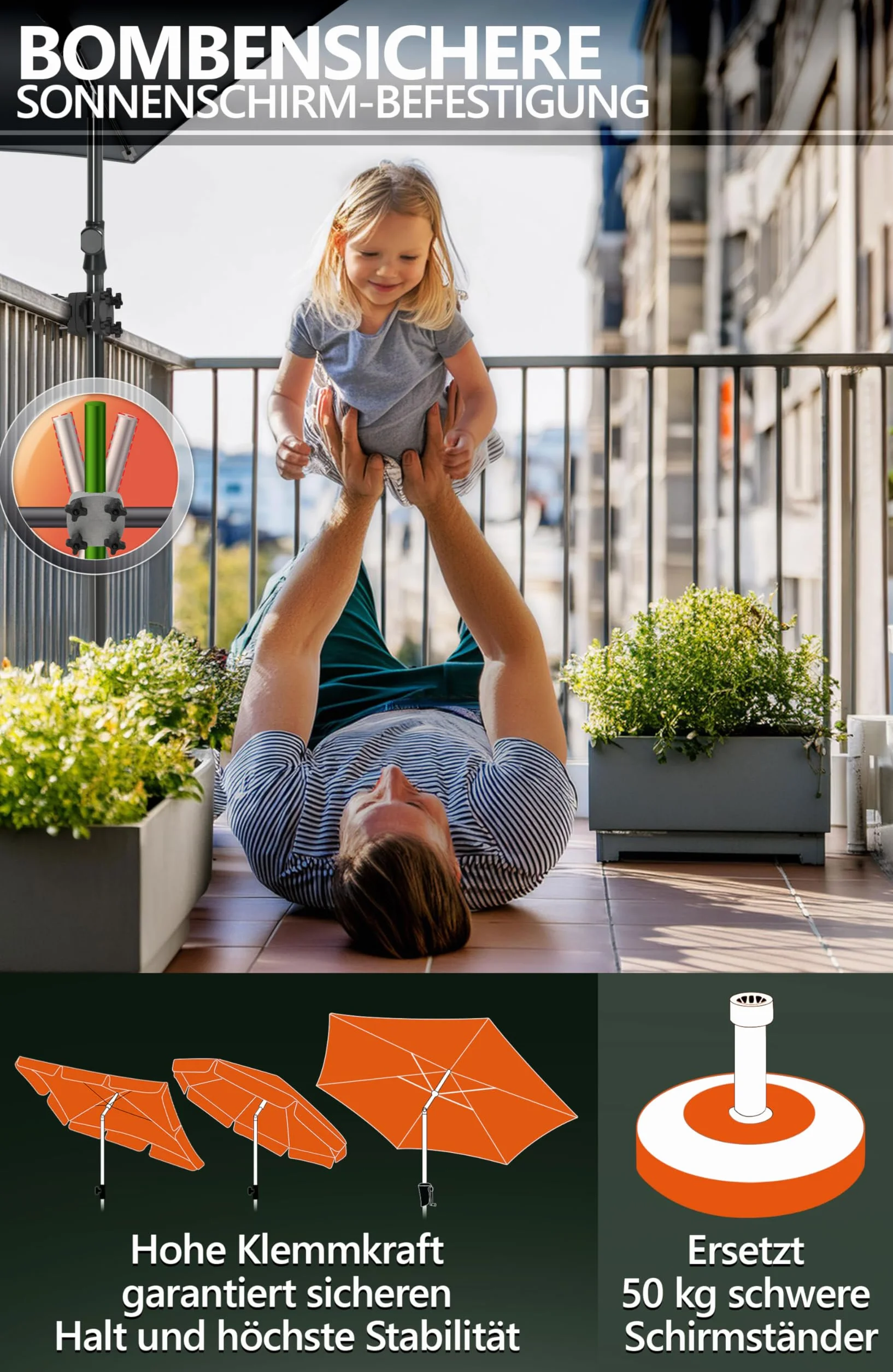 4smile Support Parasol Balcon – Pied de Parasol d'échange SunnyGuy, Support pour Parasol sûr Balcon – Attache Parasol Balcon Universelle