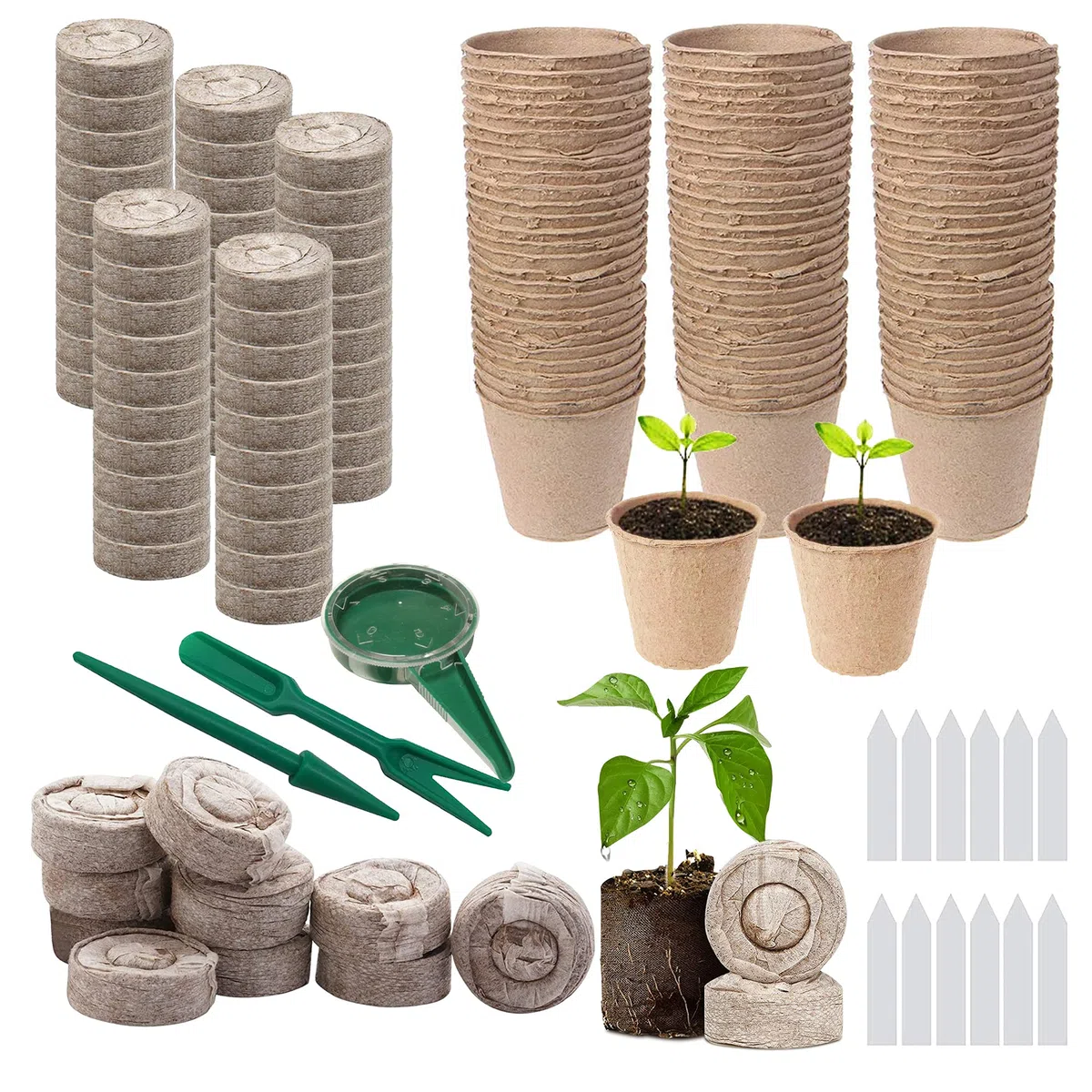 Woohome 202 PCS Pots Biodégradables et Pastilles de Tourbe pour Semis, Pot de Semis en Fibre Biodégradable, Pastilles de Tourbe Compressée, Outil de Sol Meuble pour Plantes de Jardin Marron