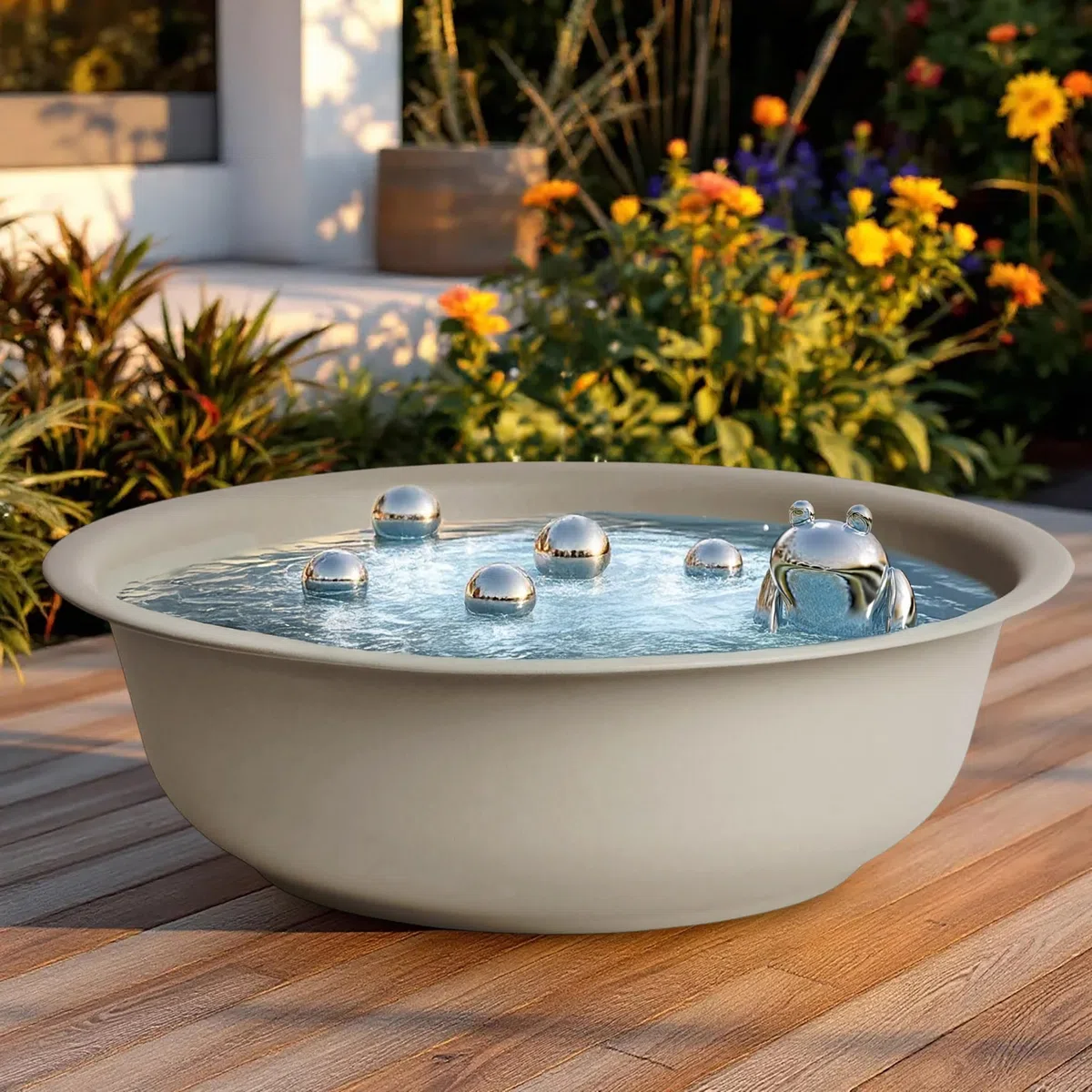 Spetebo Mini étang de jardin rond beige - 52 cm - Décoration de jardin en métal Grande vasque à fleurs - Étang décoratif Mini étang Étang de balcon Bac d'étang Pot de fleurs Bac à eau Étang Bassin