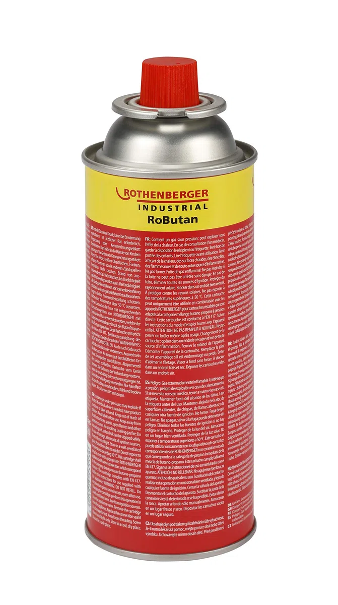 ROTHENBERGER Industrial Cartouche de gaz RoButan 220 g / 393 ml, fermeture à baïonnette, MSF-1A, cartouche de valve gaz pour réchaud de camping extérieur, désherbeur, 1500003504