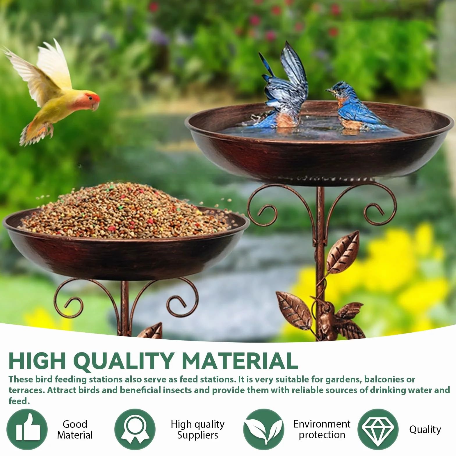 Bain d'oiseaux debout pour oiseaux - Bain d'oiseaux pour le jardin - Bain d'oiseaux avec oiseau et feuille - Base améliorée à 5 dents - En métal - Pour terrasse, cour, décoration de pelouse