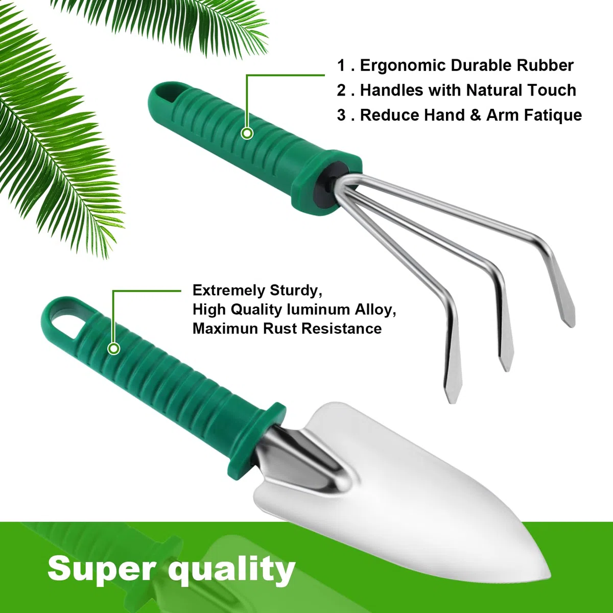 Kit de Jardinage, 10 Pièces en Acier Inoxydable Outils de Jardinage avec Boîte de Rangement，Truelle, Râteau, et Pulvérisateur(Vert)