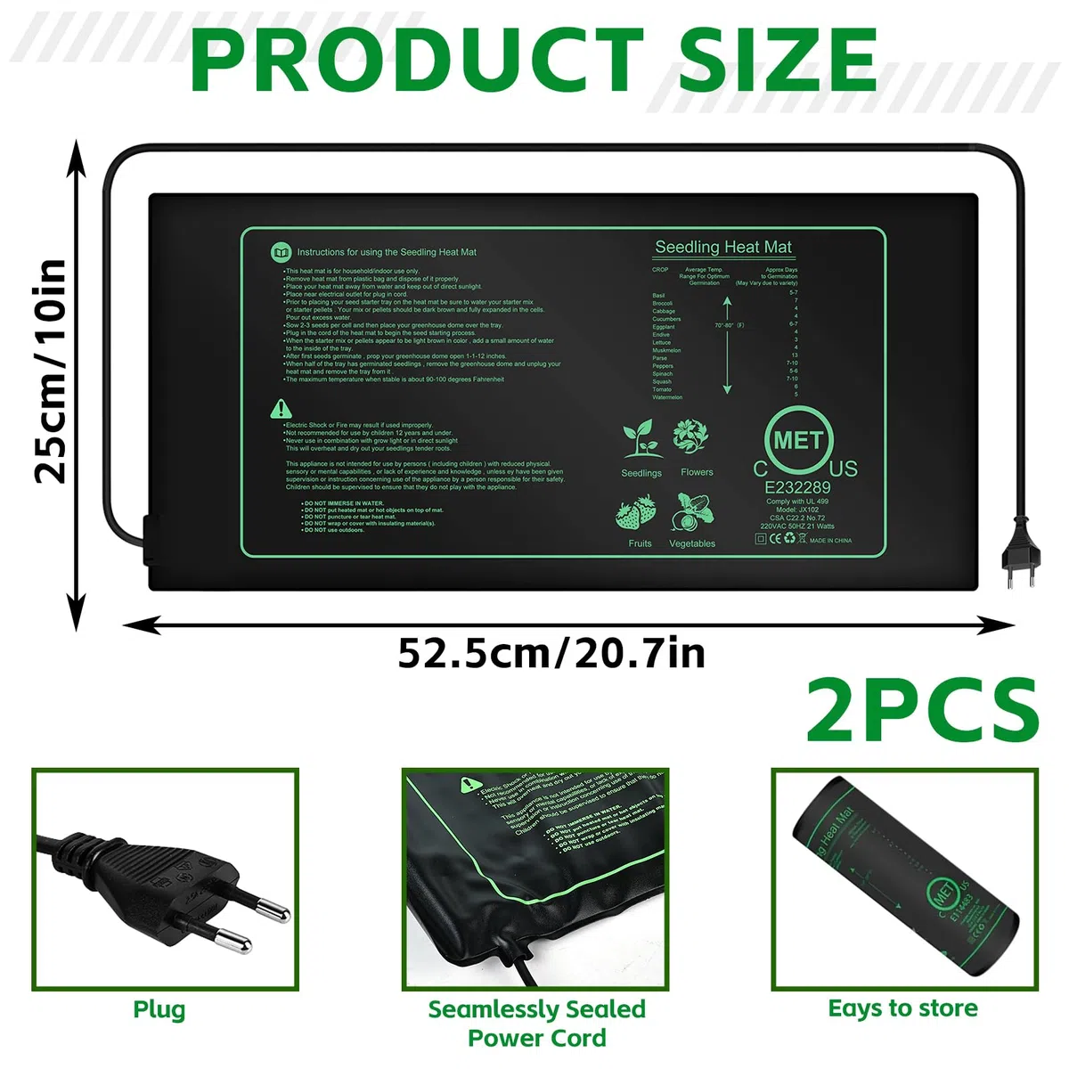 PORFOYO 2 Pièces Tapis Chauffant pour Plantes, 21W Tapis Chauffant pour Semis, Tapis Chauffant Plante, Coussin Chauffant pour Serrepour Semis, Germination, Reptile, 25cmx52.5cm